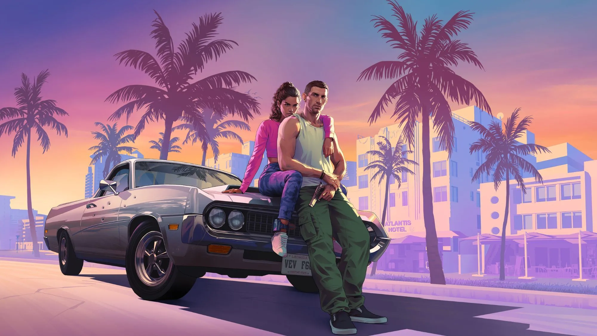 Hai nhân vật chính của GTA 6 đang ngồi trên mui xe thể thao màu xanh, bối cảnh thành phố