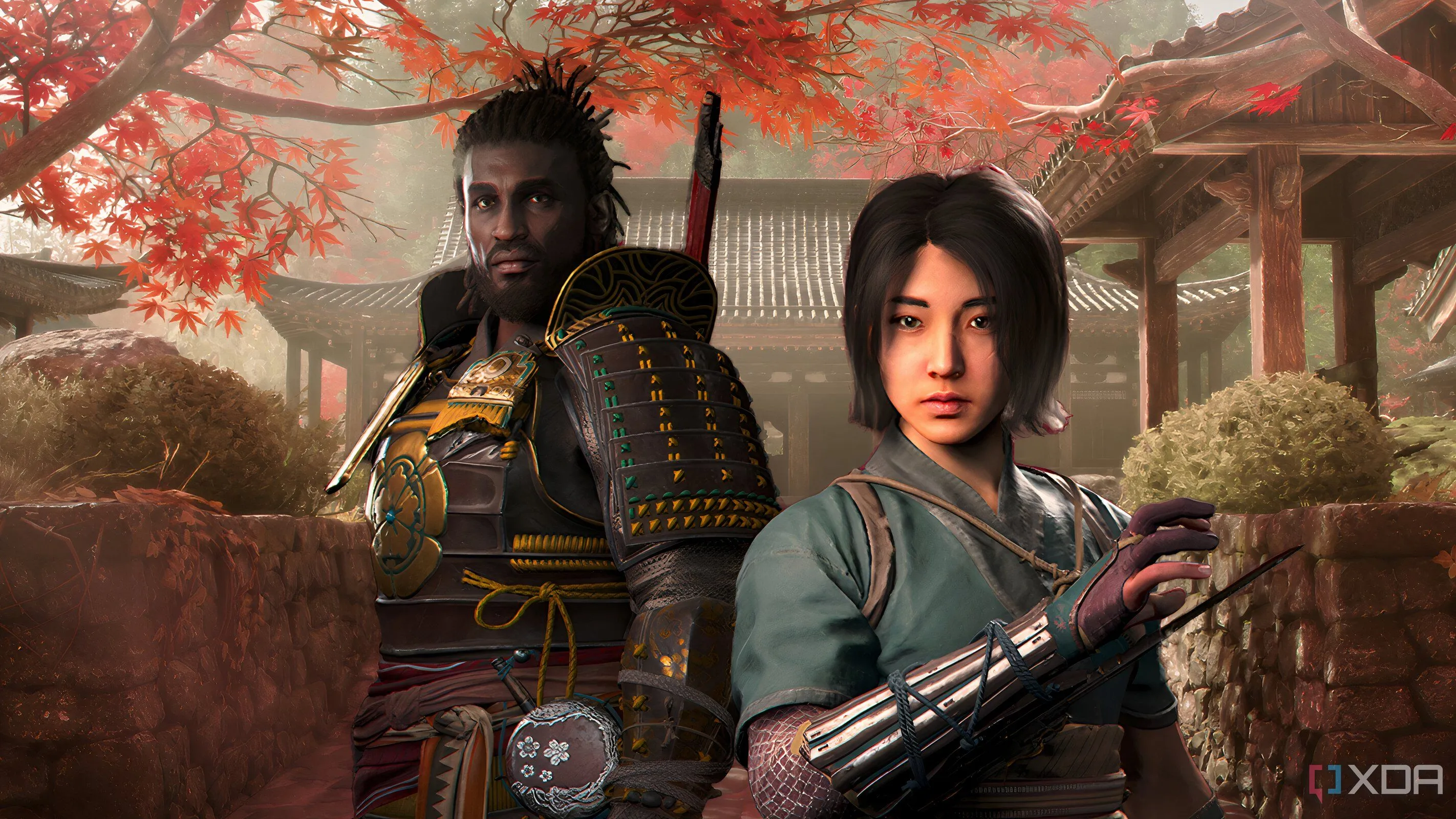 Hai nhân vật chính Fujibayashi Naoe và Yasuke từ game Assassin's Creed Shadows