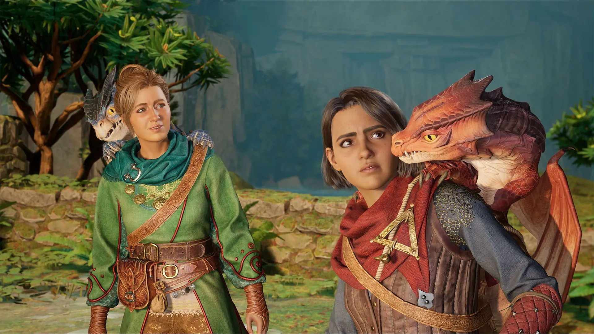 Hai nhân vật chính trong Split Fiction cưỡi rồng trên vai, thể hiện sự đa dạng gameplay