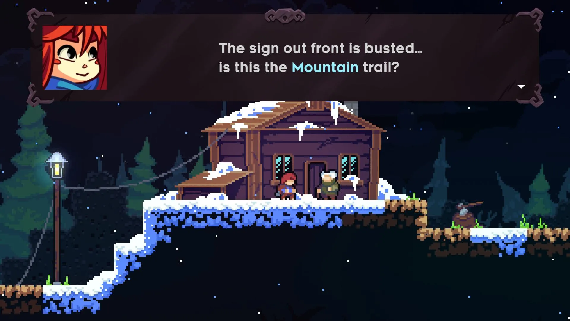 Hai nhân vật trò chuyện trong một căn nhà gỗ giữa khung cảnh tuyết trắng của game Celeste