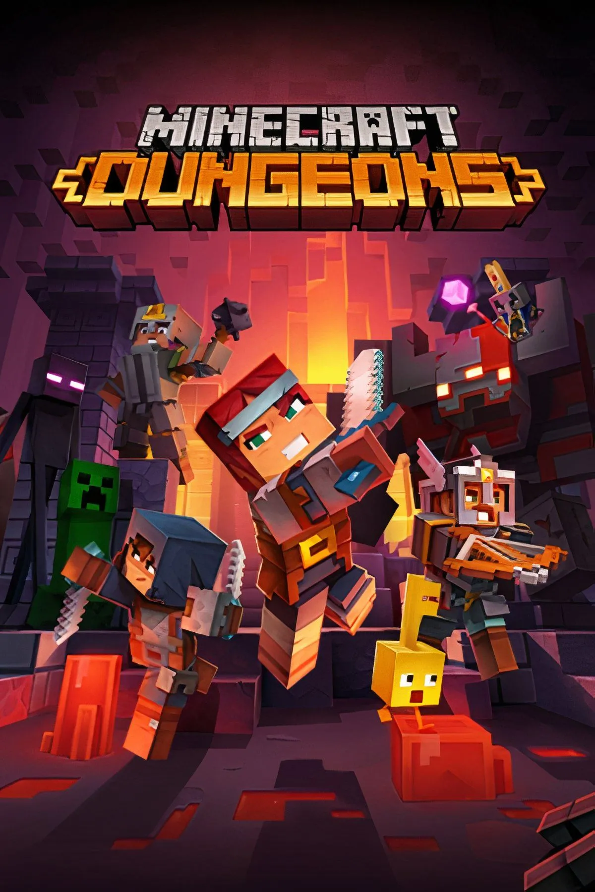 Hai nhân vật trong Minecraft Dungeons đang chiến đấu với quái vật trong hầm ngục