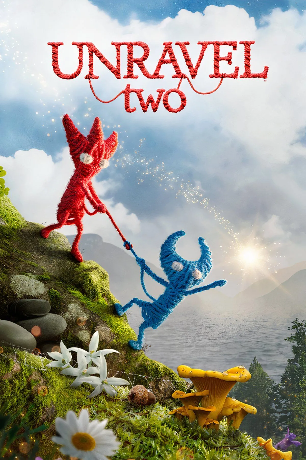 Hai Yarny đỏ và xanh nắm tay nhau vượt qua thử thách trong game Unravel Two