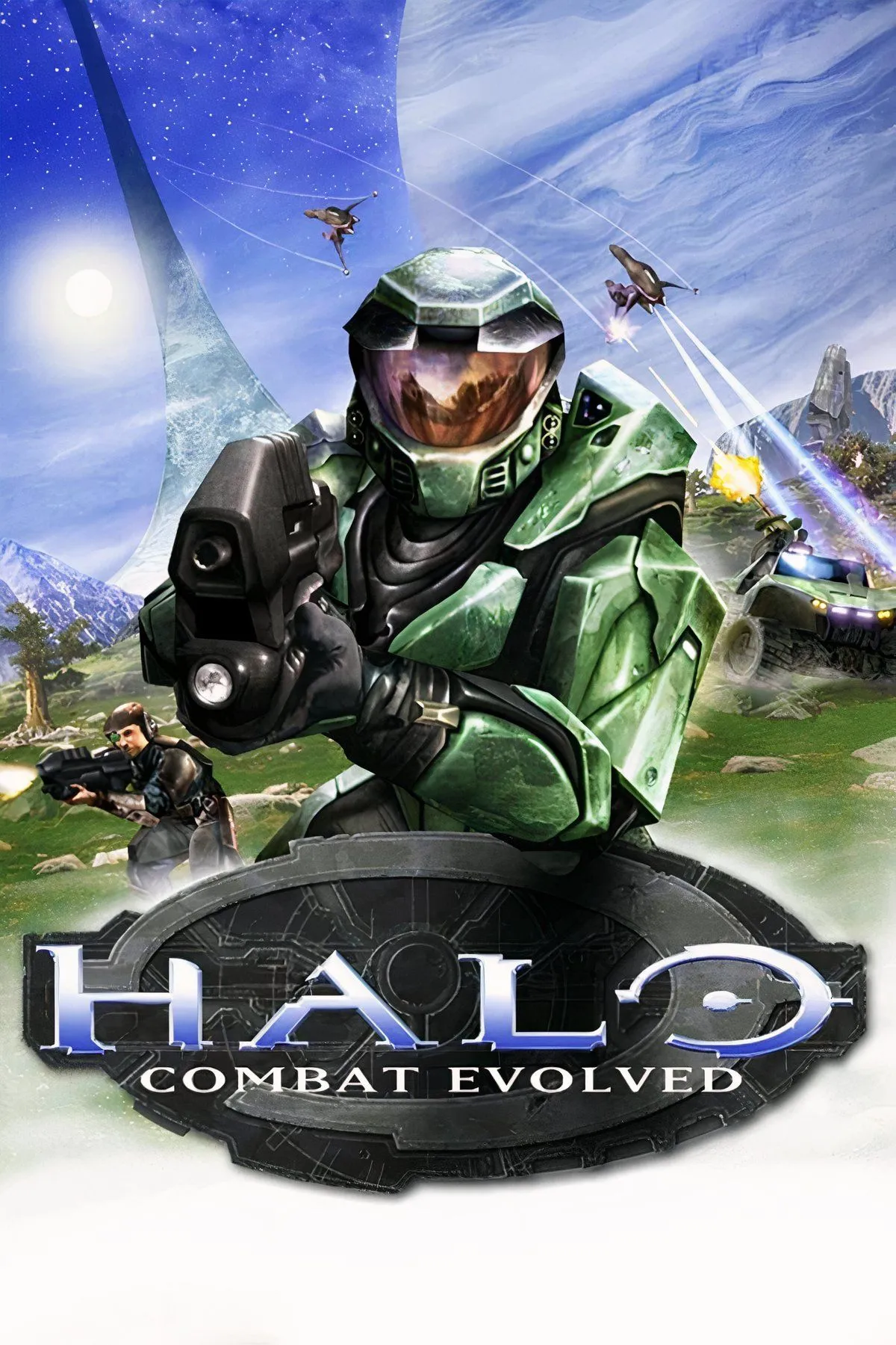 Halo: Combat Evolved, Master Chief cầm súng trong môi trường khoa học viễn tưởng với hiệu ứng ánh sáng rực rỡ