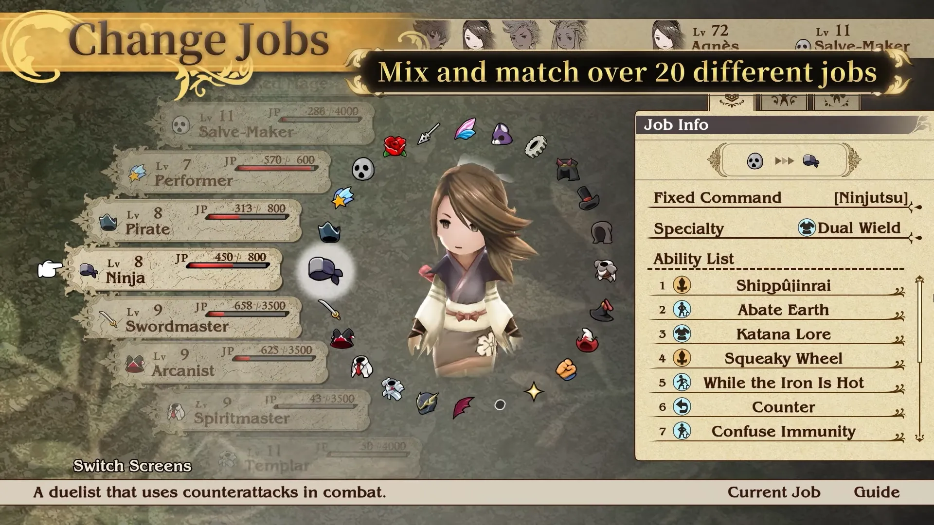 Hệ thống nghề nghiệp đa dạng trong Bravely Default, cho phép tùy biến chiến thuật sâu rộng.