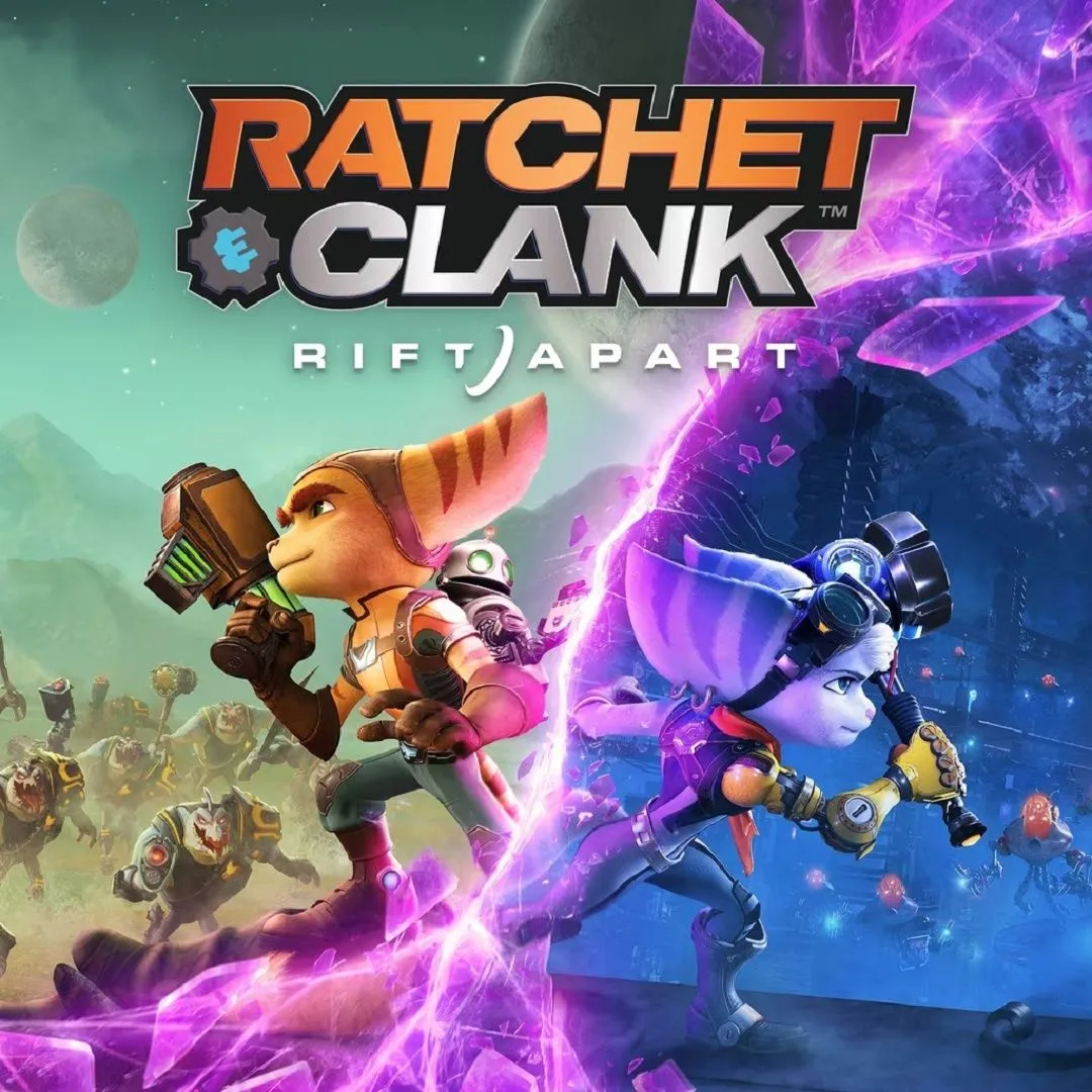 Hình ảnh bìa game Ratchet &amp; Clank: Rift Apart với các nhân vật chính và hiệu ứng rạn nứt không gian, nổi bật đồ họa ấn tượng của game PS5.