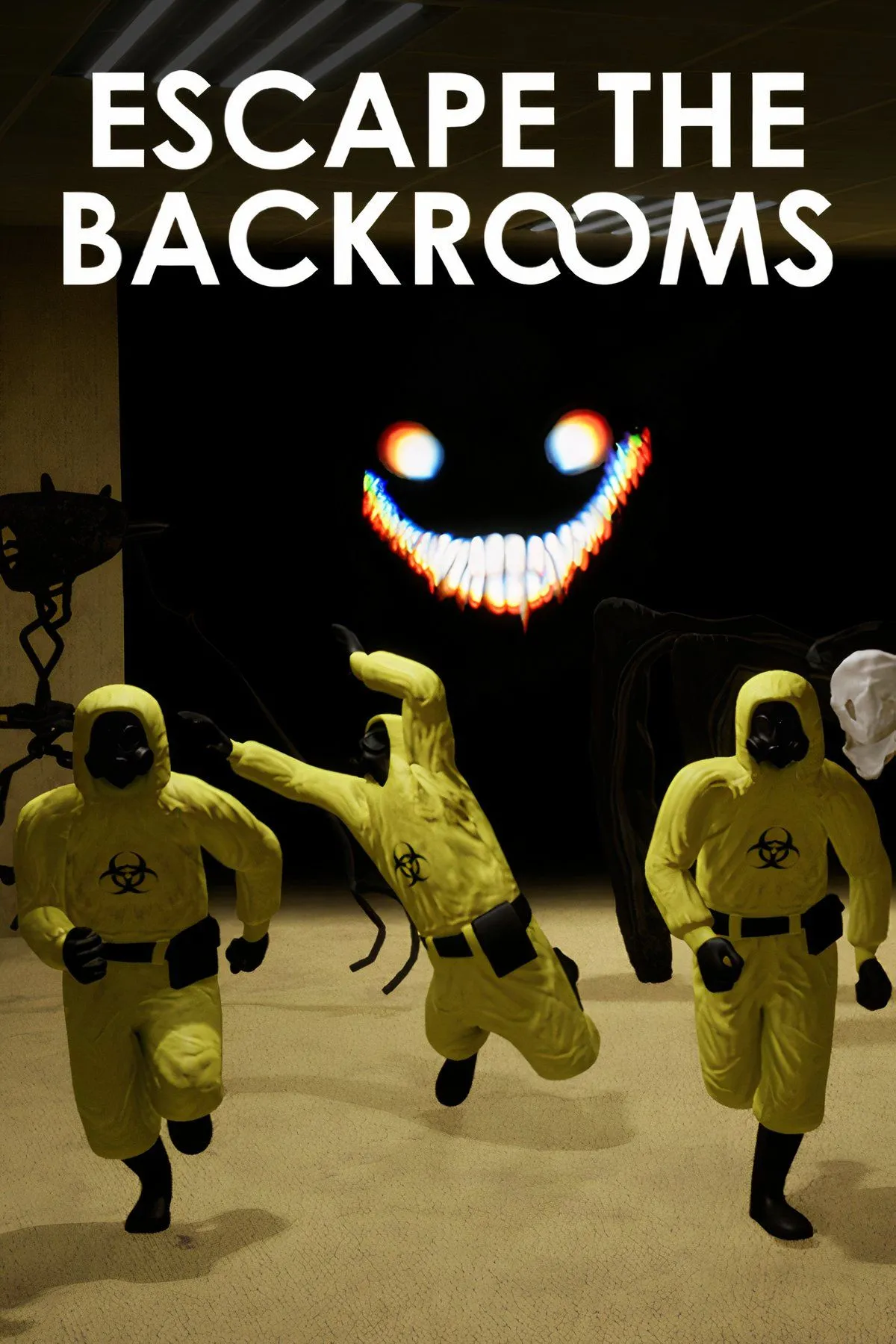 Hình ảnh cắt ghép từ game Escape the Backrooms, hiển thị các không gian kiến trúc liminal đáng sợ.