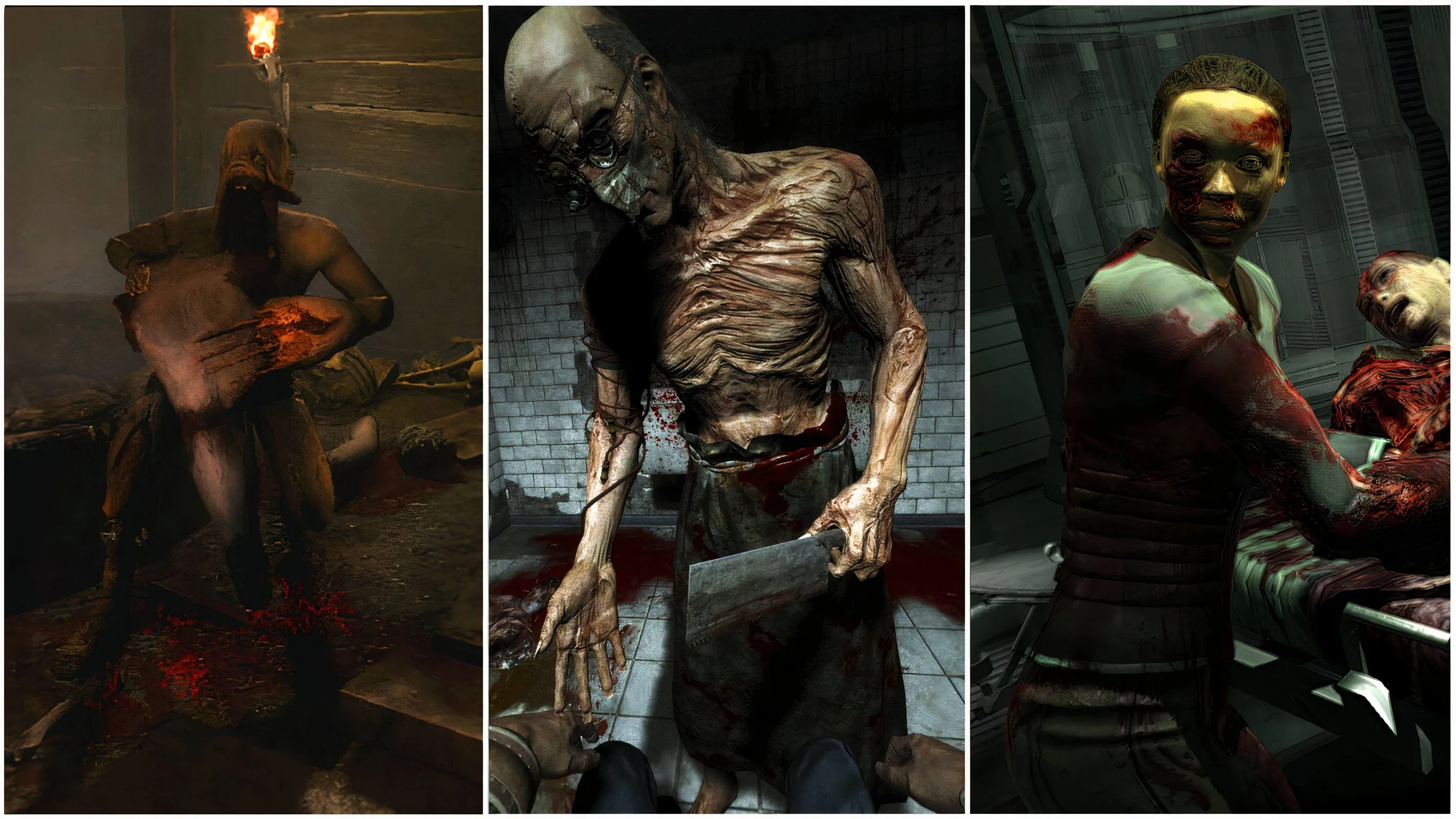 Hình ảnh collage của ba game kinh dị: Amnesia, Outlast và Dead Space