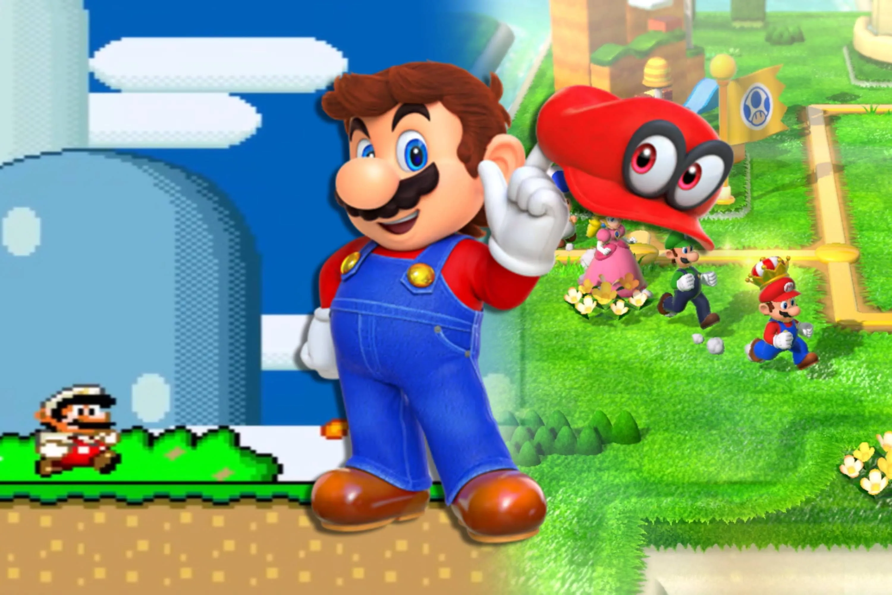 Hình ảnh của Super Mario World, Super Mario 3D và Mario trong Super Mario Odyssey