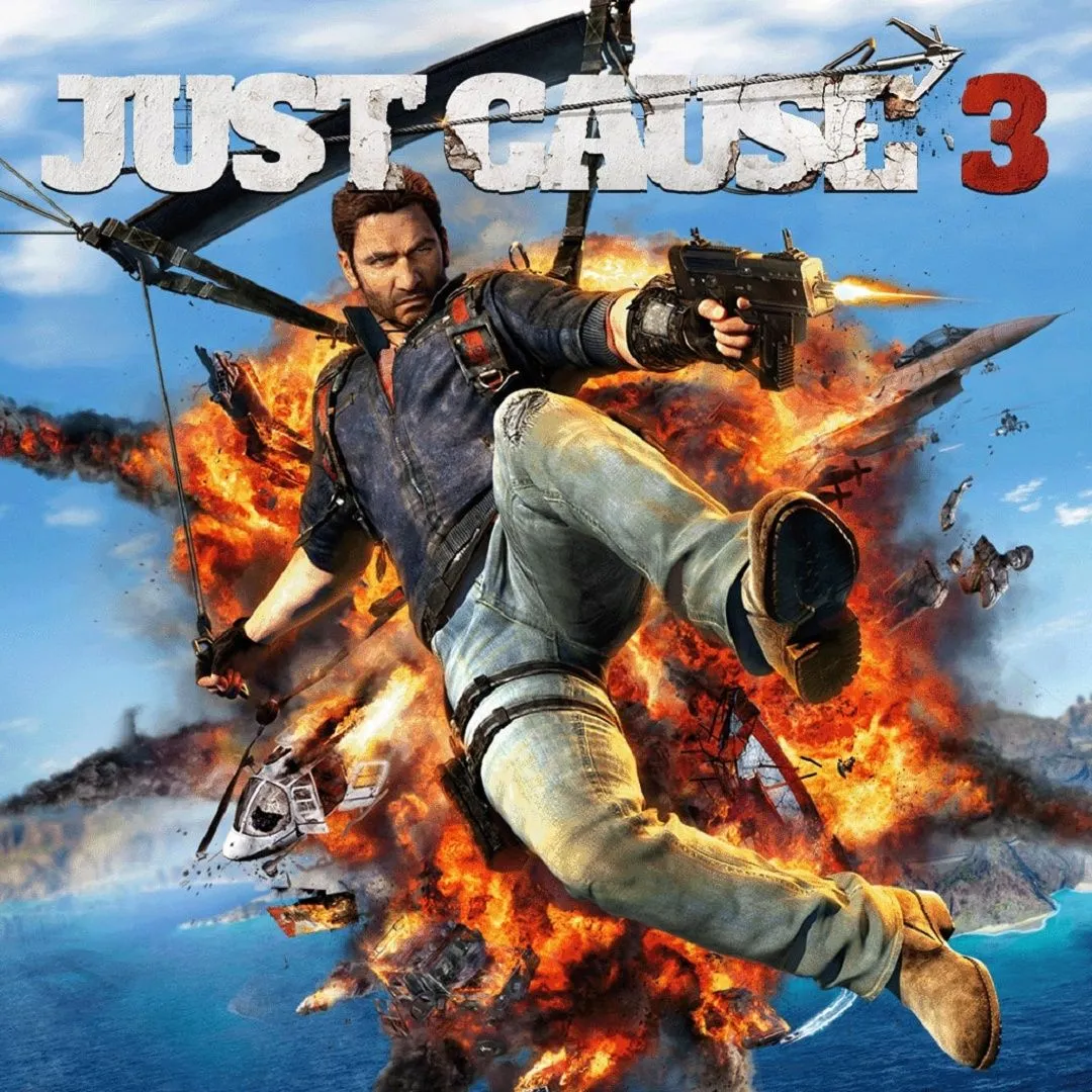 Hình ảnh game Just Cause 3, thể hiện cảnh hành động cháy nổ hoành tráng và sự hỗn loạn đặc trưng của tựa game.