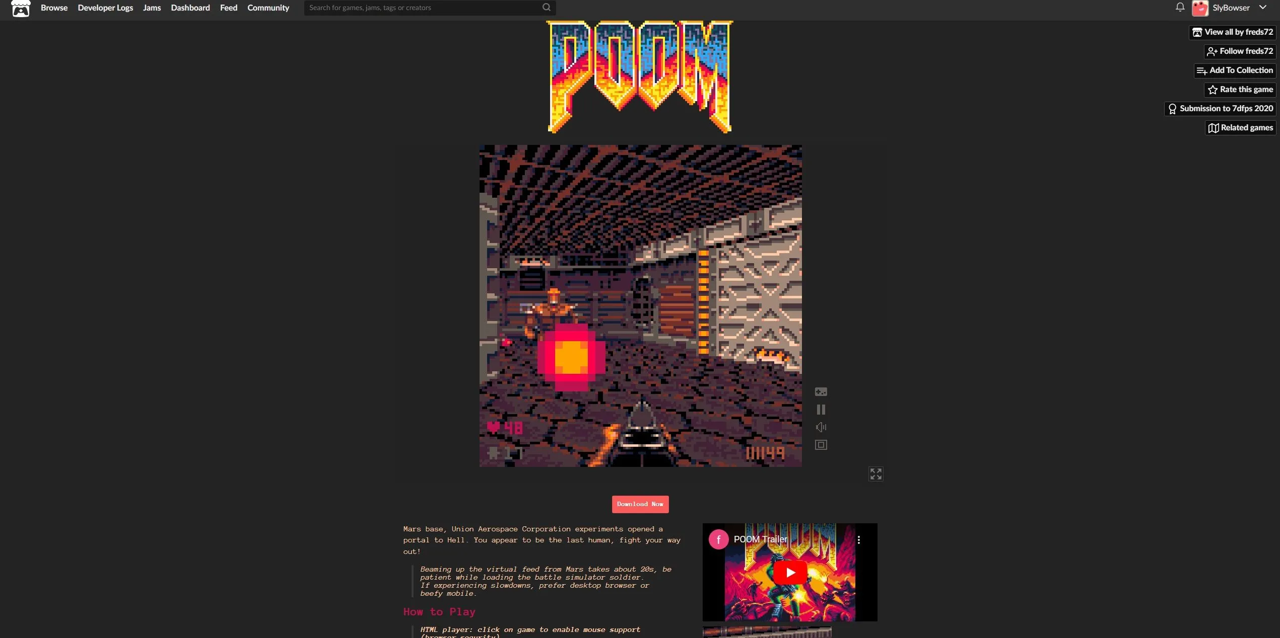 Hình ảnh game POOM, phiên bản DOOM theo phong cách PICO-8 chơi trên trình duyệt web