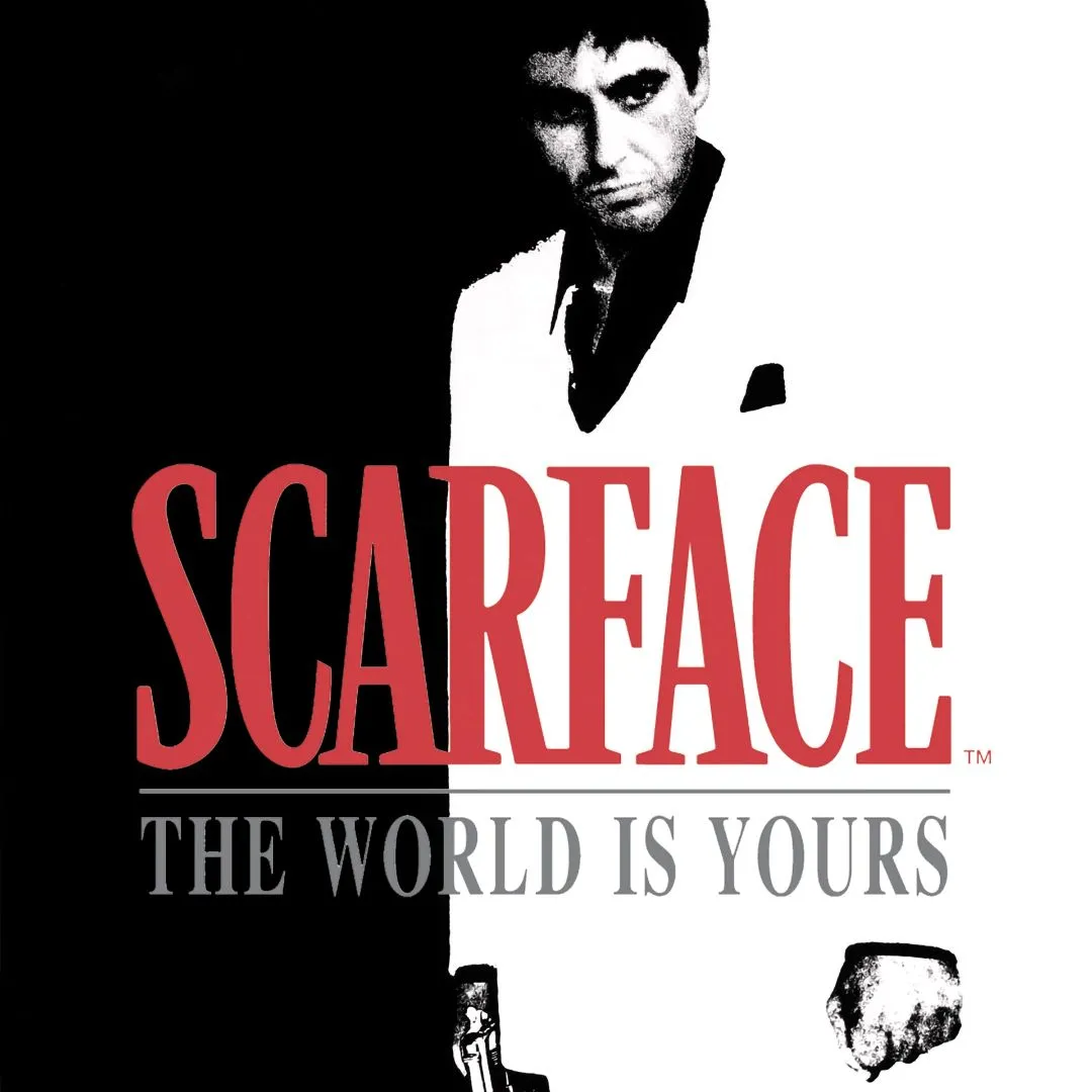 Hình ảnh game Scarface: The World Is Yours, với nhân vật Tony Montana và logo game, tái hiện không khí phim gangster.