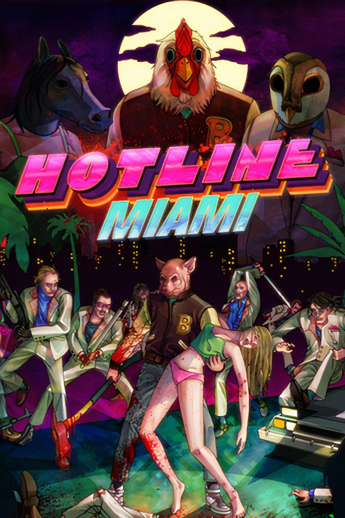 Hình ảnh gameplay của Hotline Miami với đồ họa neon rực rỡ và hành động tốc độ cao.