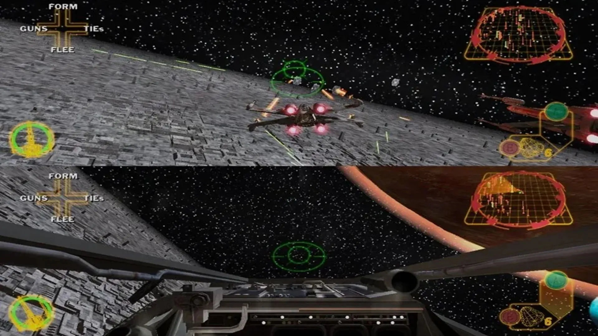 Hình ảnh gameplay Star Wars Rogue Squadron III: Rebel Strike trên GameCube, cho thấy chiến đấu trên mặt đất