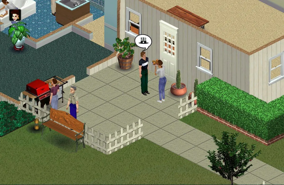 Hình ảnh gameplay The Sims 1, nơi các Sim tương tác và thực hiện các hoạt động hàng ngày