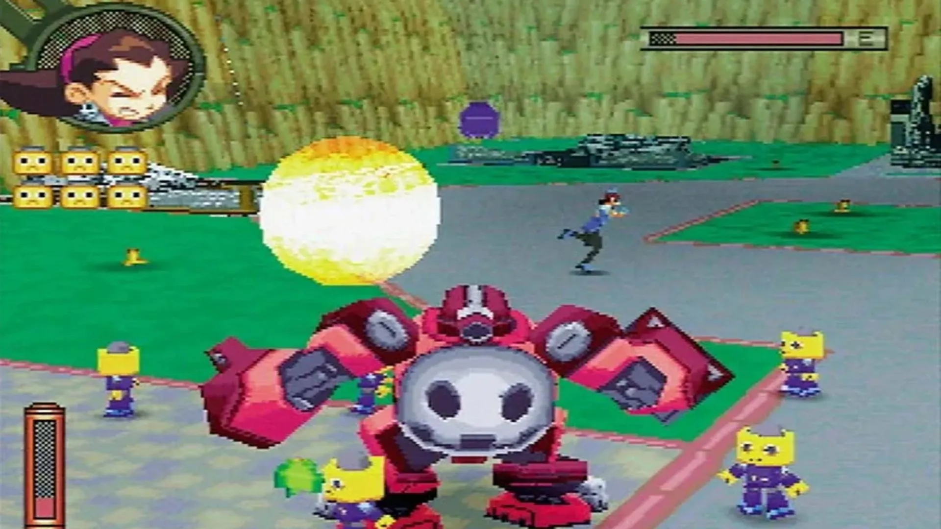 Hình ảnh gameplay từ The Misadventures of Tron Bonne trên PlayStation 1, thể hiện nhân vật Tron Bonne điều khiển Server Bots trong một nhiệm vụ phiêu lưu hành động. Đây là một game PS1 hiếm và có giá trị sưu tầm cao.