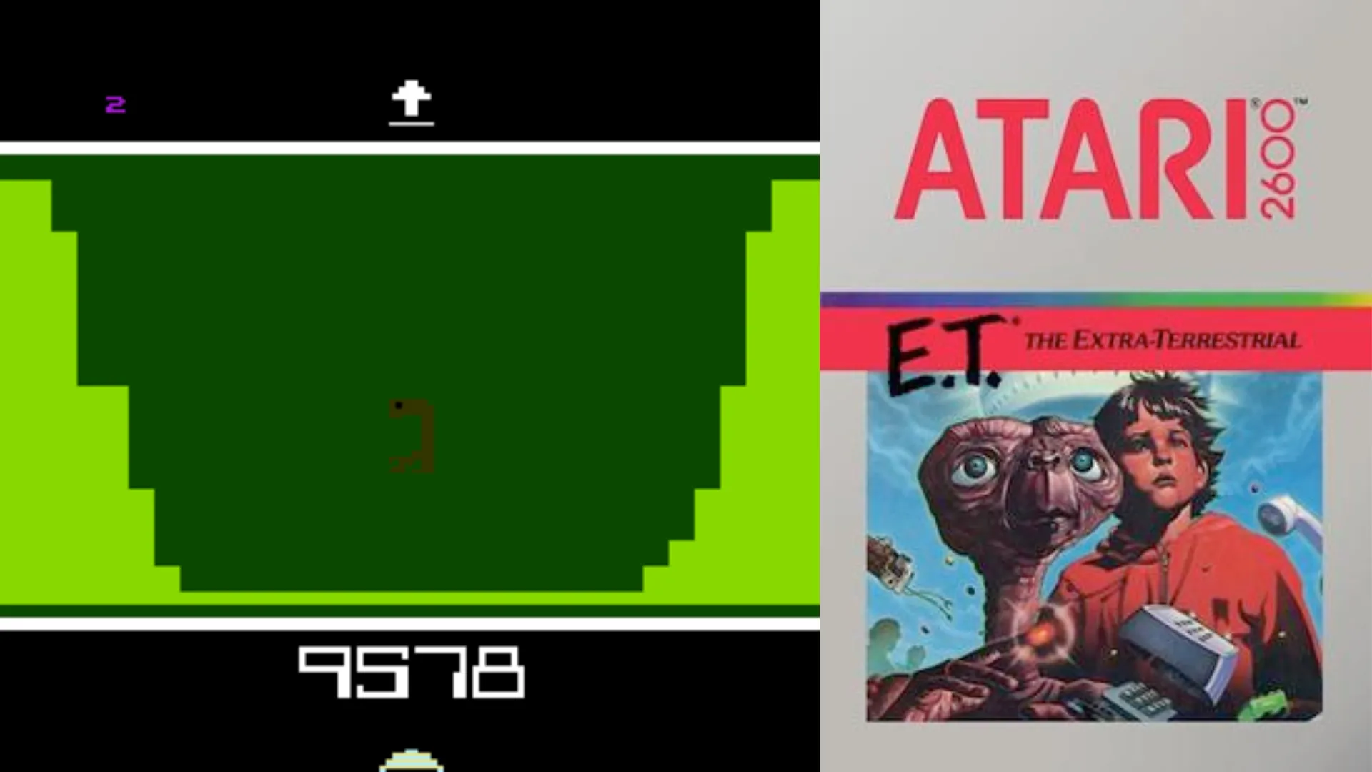 Hình ảnh gameplay và bìa của E.T. The Extra-Terrestrial trên Atari 2600, game gây sụp đổ ngành