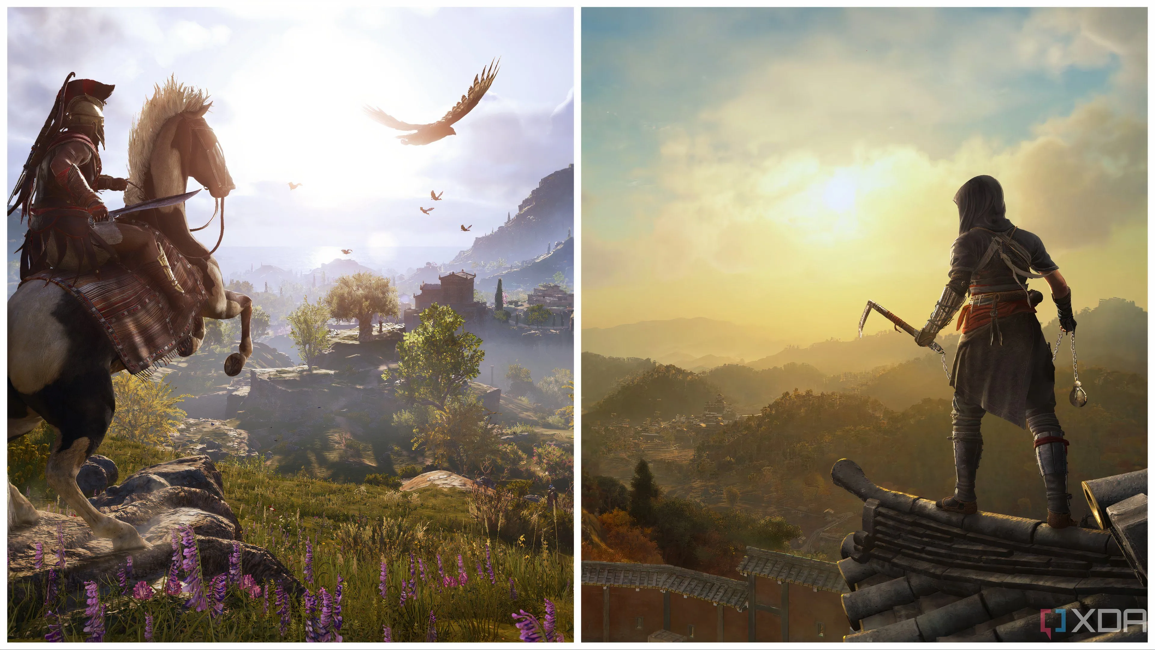 Hình ảnh ghép đối lập giữa môi trường Hy Lạp cổ đại của Assassin's Creed Odyssey và bối cảnh Nhật Bản phong kiến của Assassin's Creed Shadows