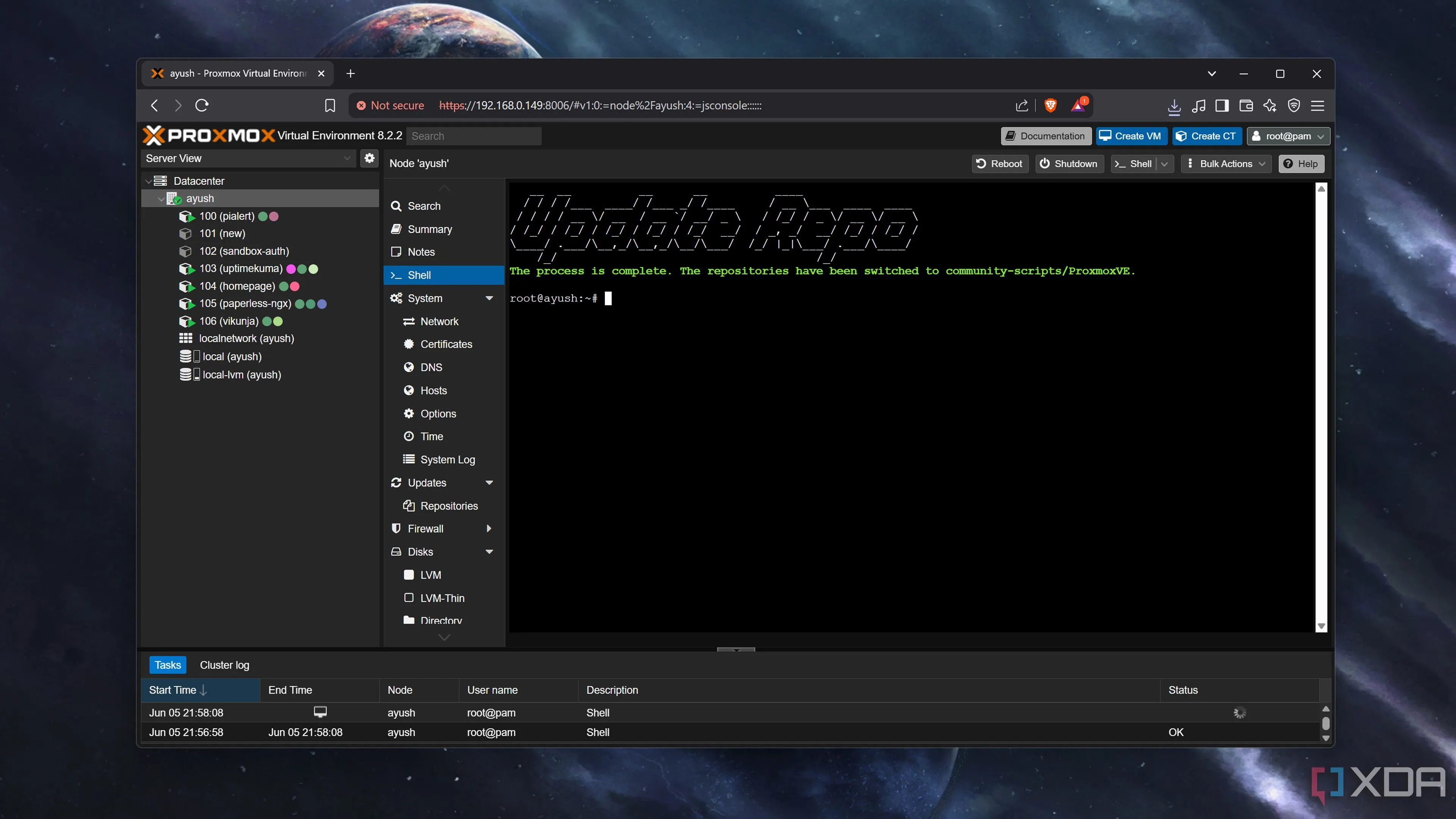 Hình ảnh giao diện terminal khi script Proxmox Update Repositories đang chạy, giúp sửa lỗi và cập nhật kho lưu trữ gói trên máy chủ Proxmox VE.