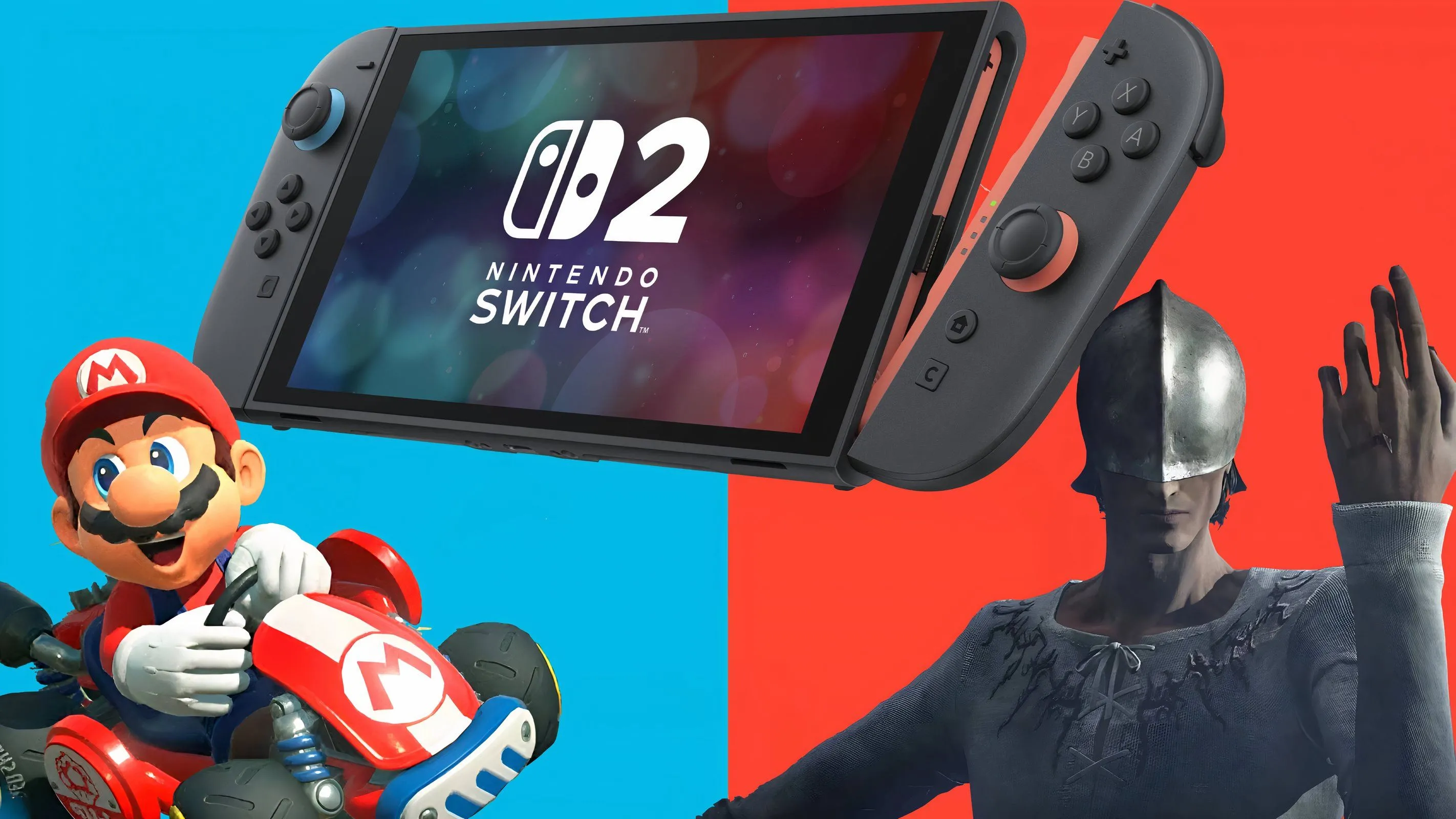 Hình ảnh máy chơi game Nintendo Switch 2 cùng với nhân vật Mario và một nhân vật từ The Duskbloods