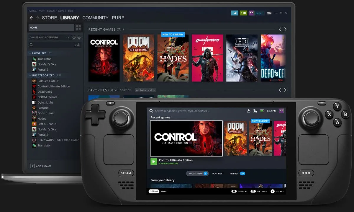 Hình ảnh minh họa hệ điều hành SteamOS chạy trên Steam Deck và giao diện Steam trên laptop, thể hiện sự linh hoạt của hệ sinh thái Steam.