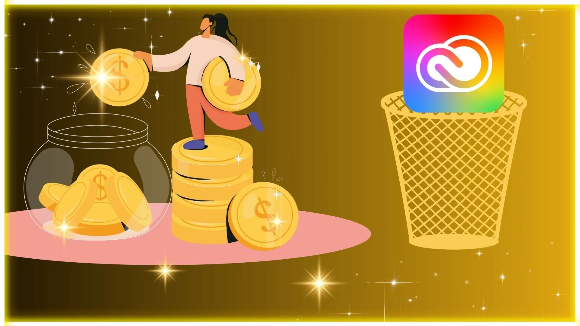 Hình ảnh minh họa người bỏ tiền vào lọ tiết kiệm, biểu tượng Adobe Creative Cloud trong thùng rác, tượng trưng cho việc tiết kiệm chi phí với phần mềm mã nguồn mở