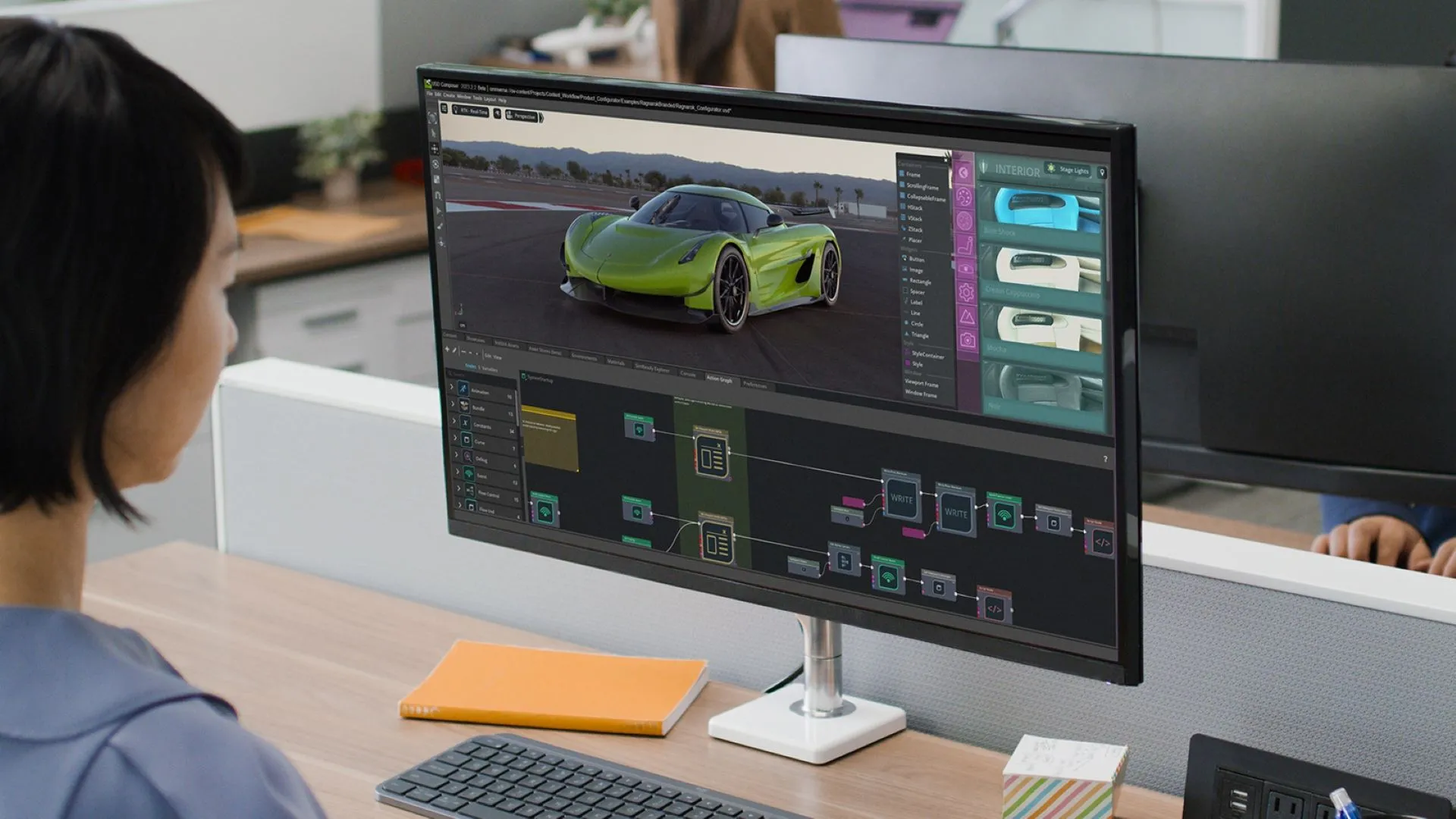 Hình ảnh mô phỏng thiết kế ô tô Lotus trong môi trường NVIDIA Omniverse, thể hiện vai trò của AI trong việc tạo ra những chiếc xe an toàn và đáng tin cậy