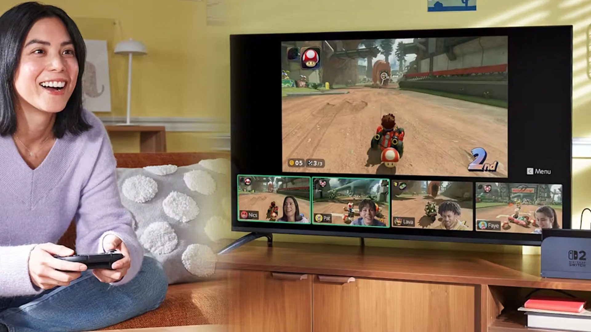 Hình ảnh một cô gái đang chơi Mario Kart World trên Nintendo Switch 2