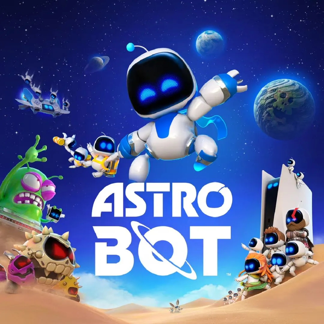 Hình ảnh nhân vật Astro Bot dễ thương đang nhảy trong một môi trường đầy màu sắc, đại diện cho lối chơi vui nhộn và sáng tạo của game trên PS5.