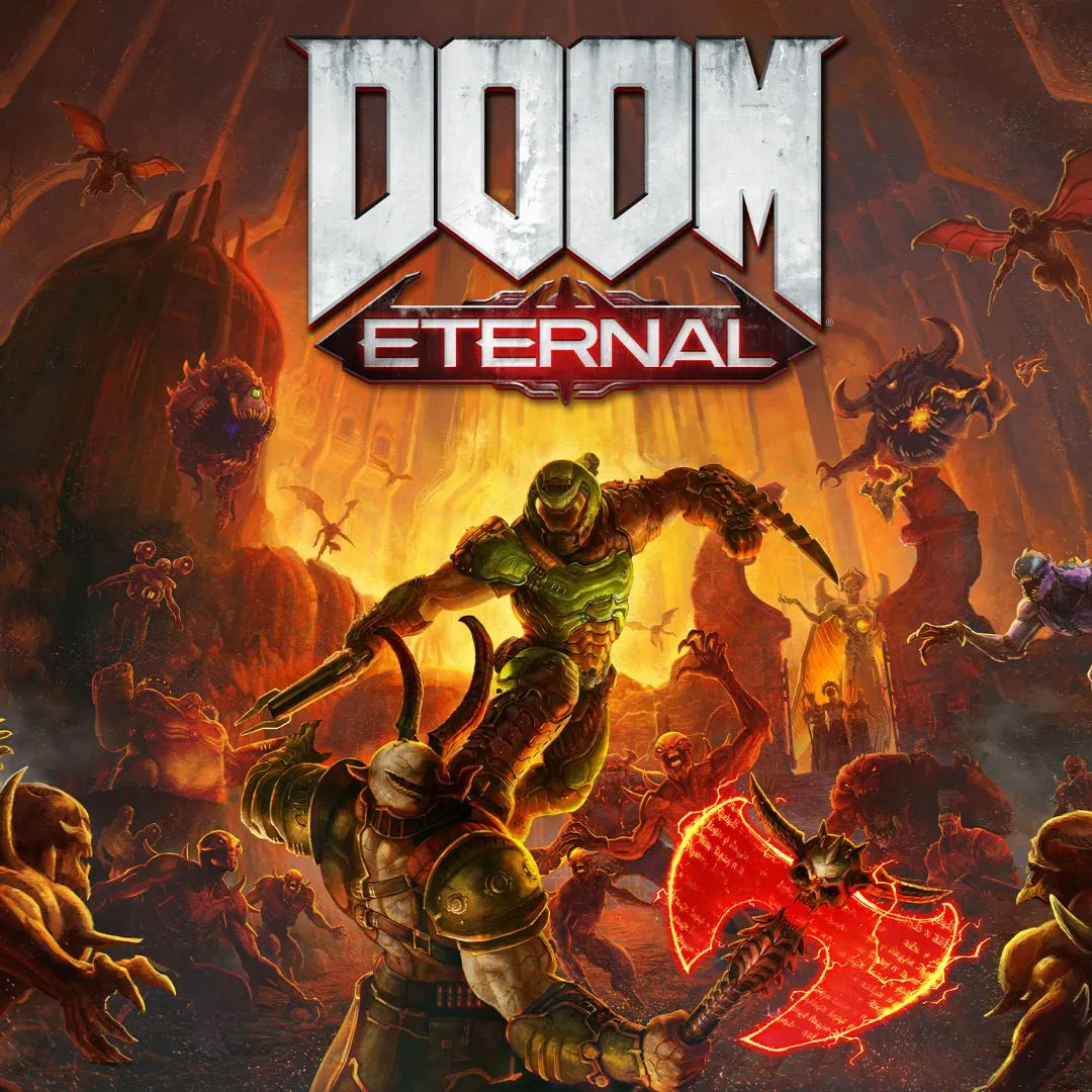 Hình ảnh nhân vật chính Doom Slayer với khẩu súng trên tay, sẵn sàng đối mặt với quỷ dữ trong Doom Eternal.