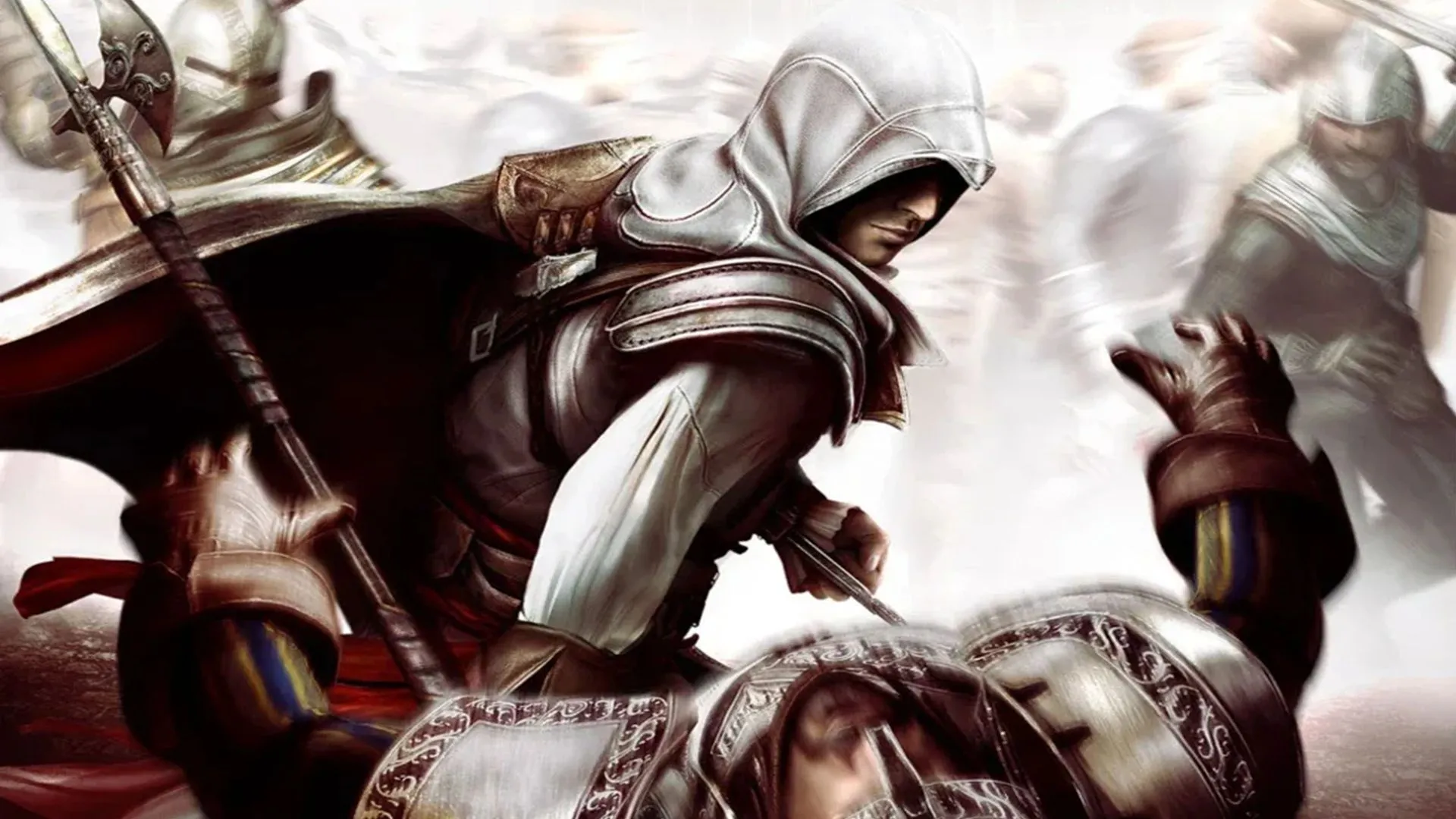 Hình ảnh quảng bá game Assassin's Creed II với Ezio Auditore đứng trên mái nhà Florence, tượng trưng cho khả năng khám phá lịch sử của series.