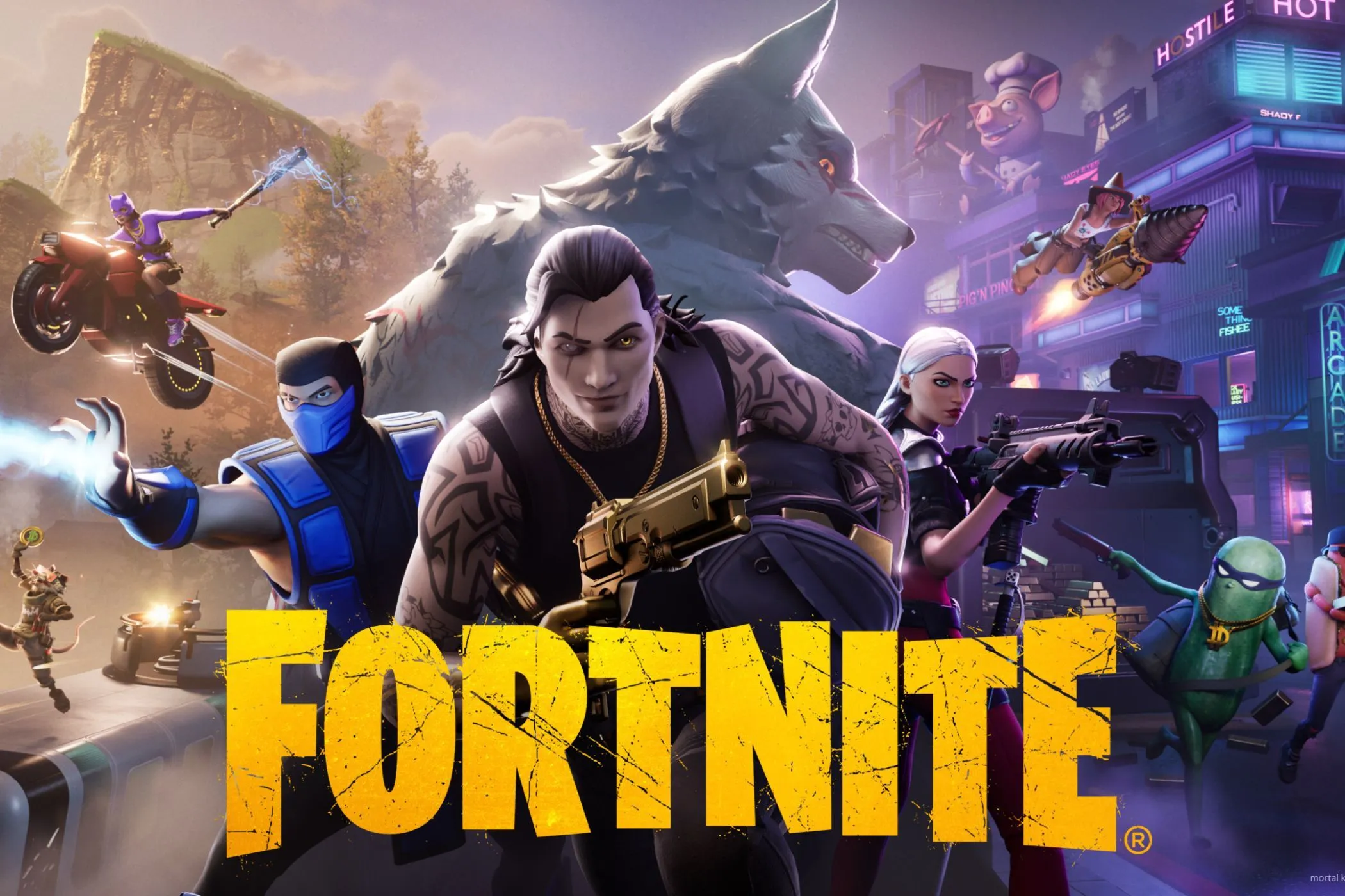 Hình ảnh quảng bá game Fortnite với binh lính và sói trong bối cảnh giả tưởng