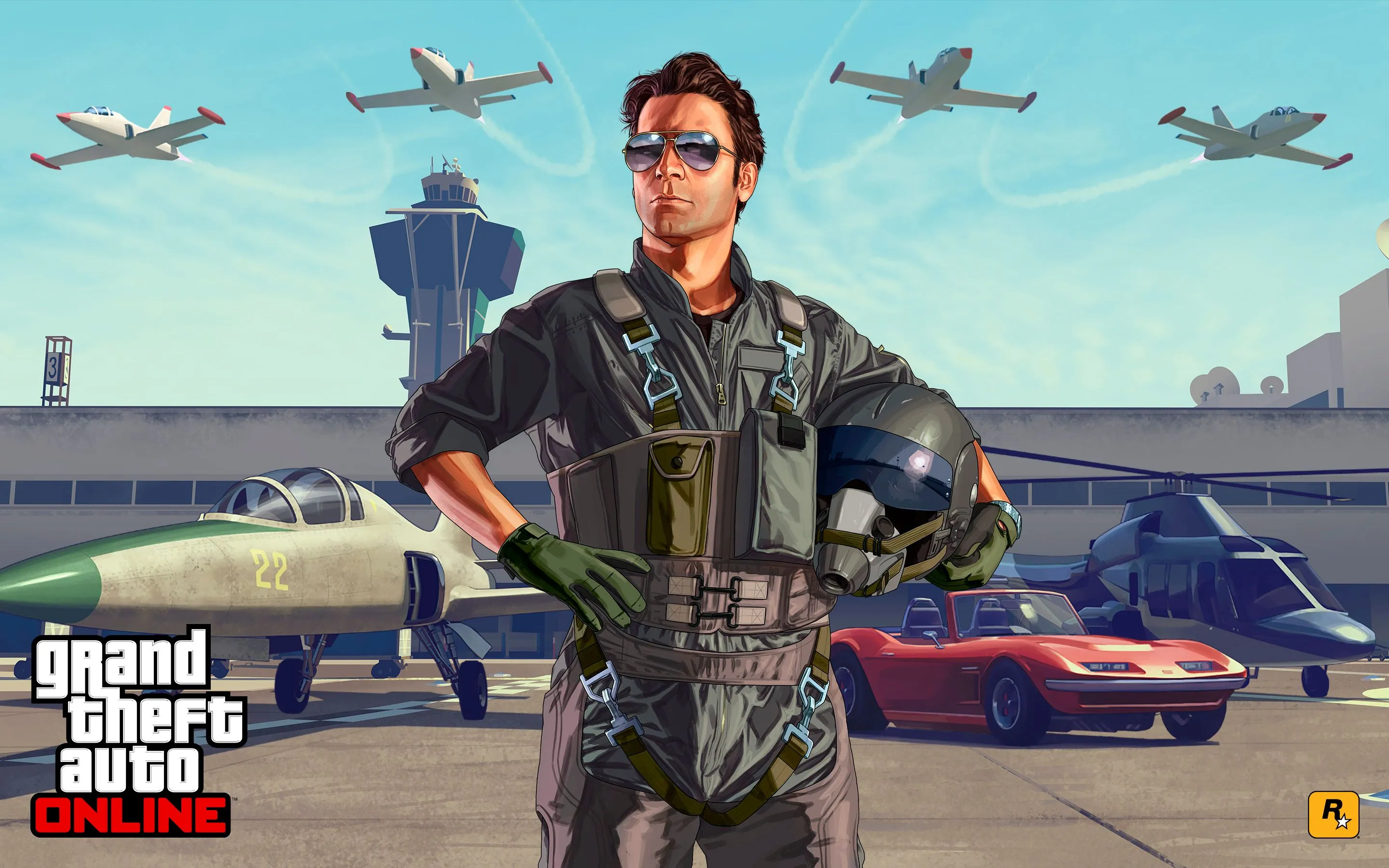 Hình ảnh quảng bá GTA Online với phi công đứng trên sân bay và máy bay phản lực bay phía trên