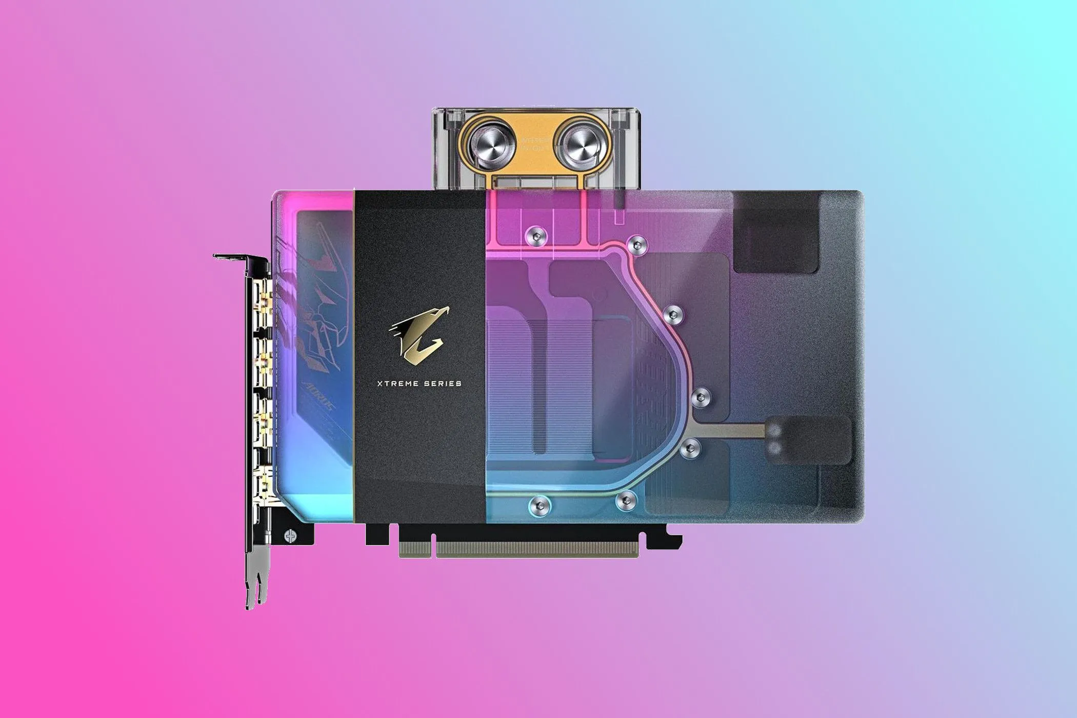Hình ảnh render card Gigabyte AORUS GeForce RTX 5080 XTREME WATERFORCE WB với water block tích hợp