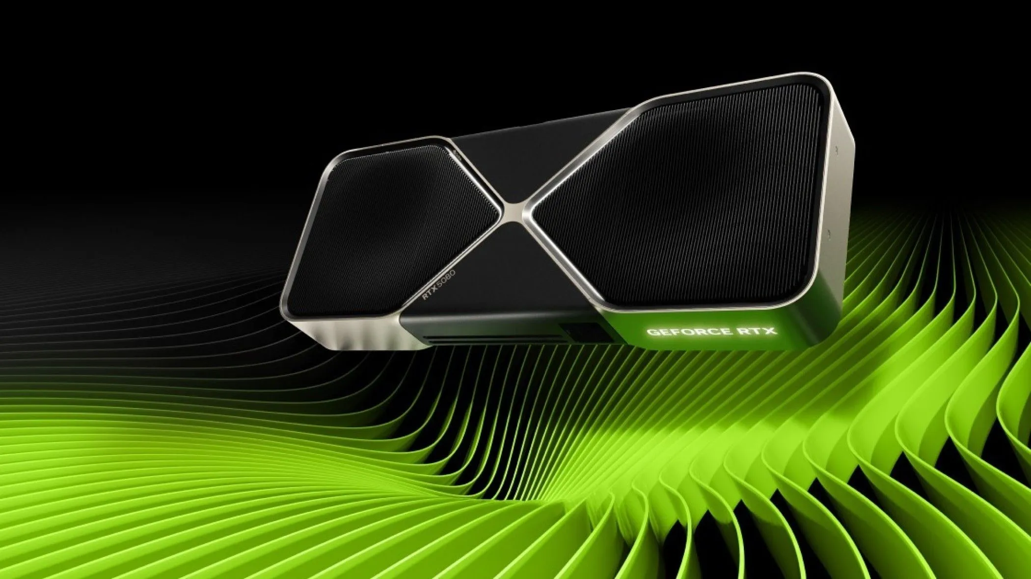 Hình ảnh render của card đồ họa Nvidia RTX 5080 trên nền xanh lá
