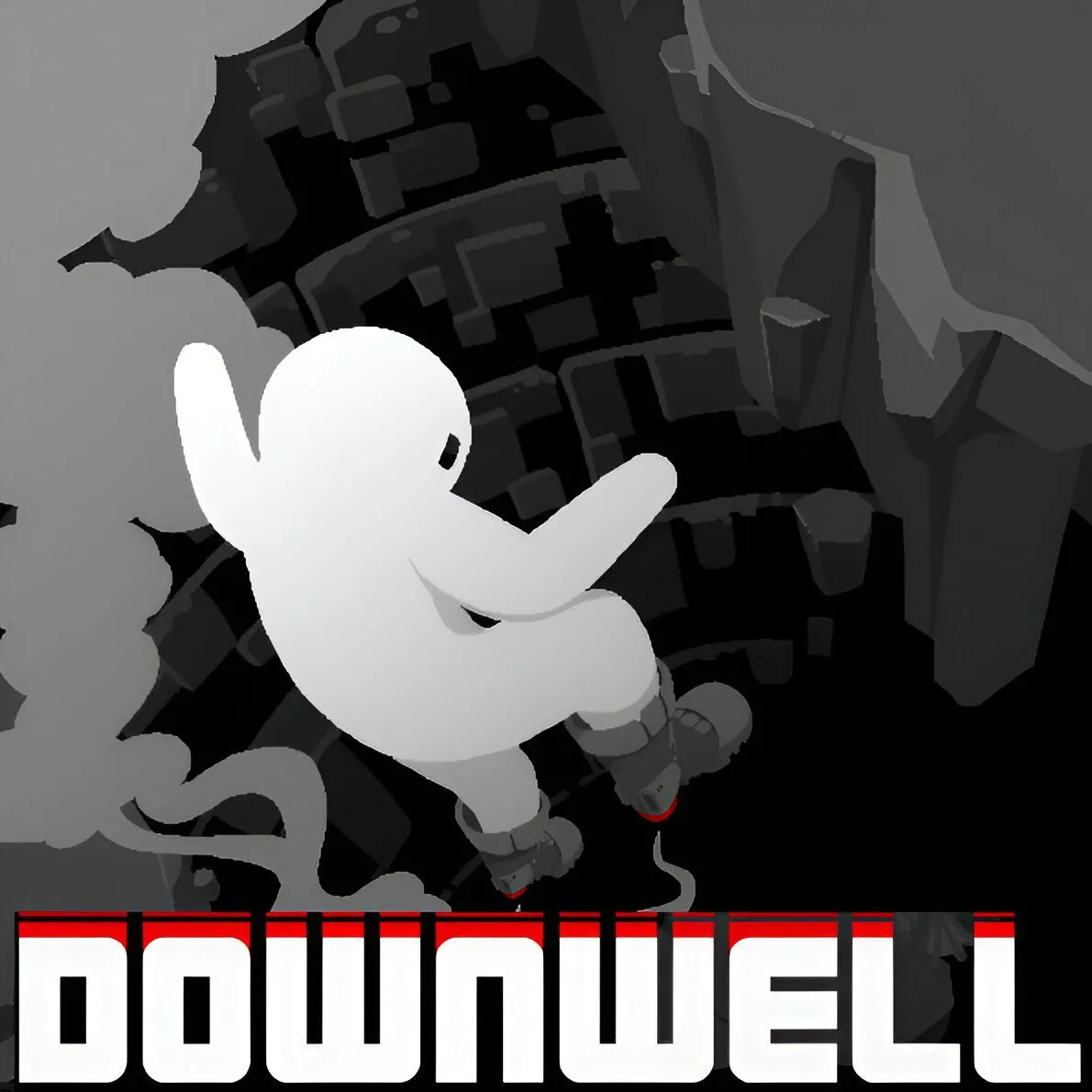 Hình ảnh sản phẩm của tựa game roguelike Downwell, thể hiện phong cách đồ họa pixel và lối chơi rơi xuống giếng đầy thử thách.