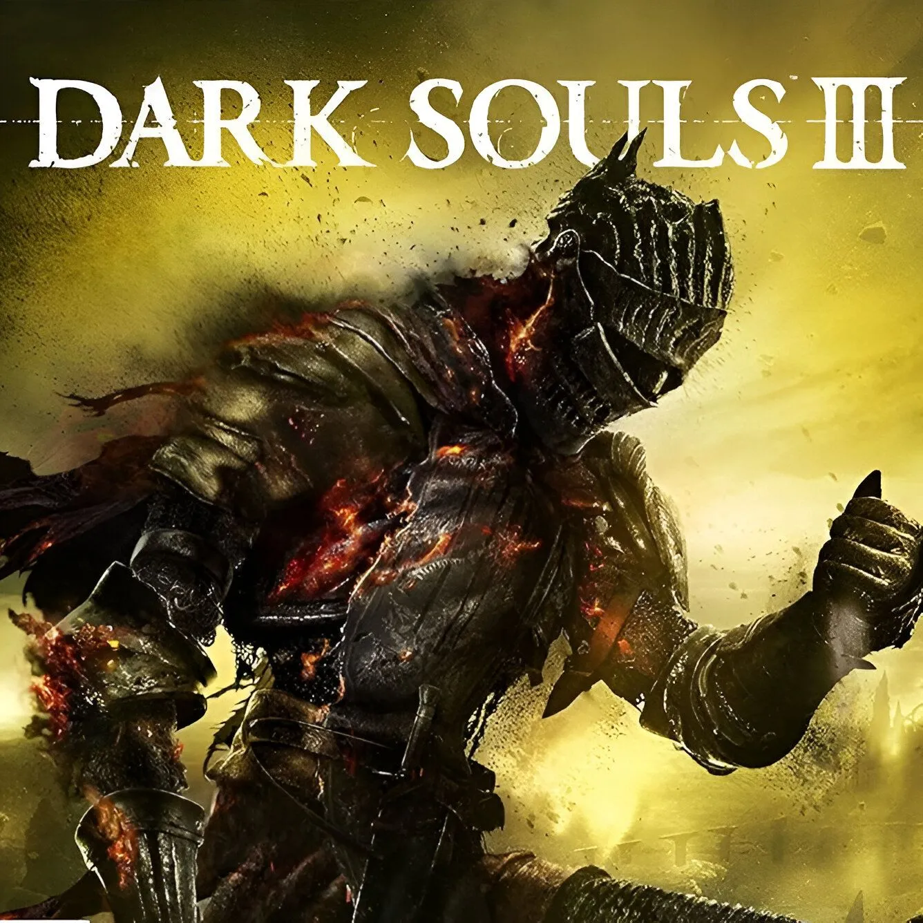 Hình ảnh sản phẩm game Dark Souls III, hiển thị nhân vật chính đối mặt với một con quái vật lớn trong khung cảnh tối tăm, phong cách dark fantasy