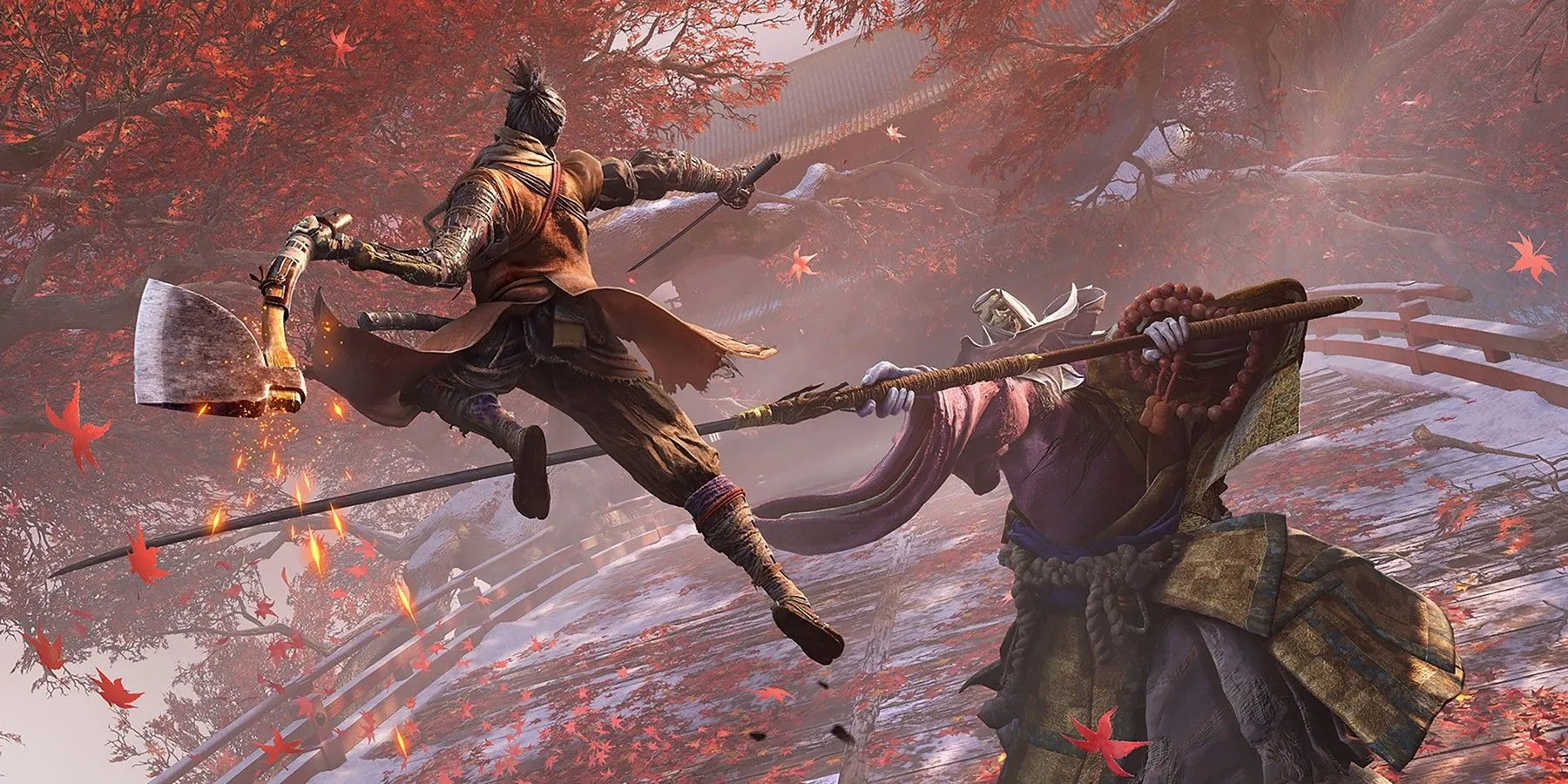 Hình ảnh Sekiro: Shadows Die Twice với Shinobi Wolf tấn công đối thủ, minh họa game AAA kinh điển