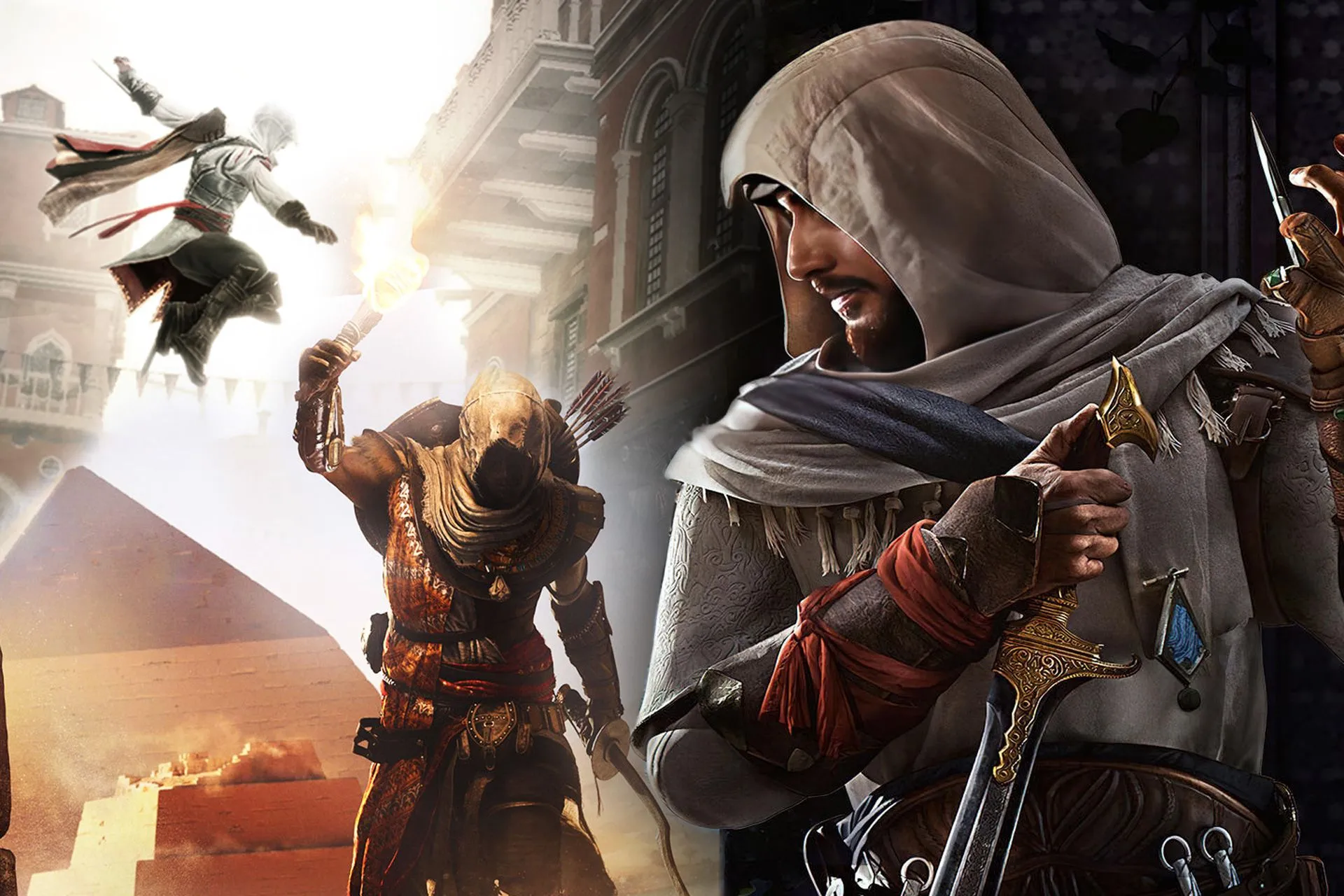 Hình ảnh tổng hợp các nhân vật nổi bật trong series Assassin's Creed, thể hiện sự phát triển của thương hiệu