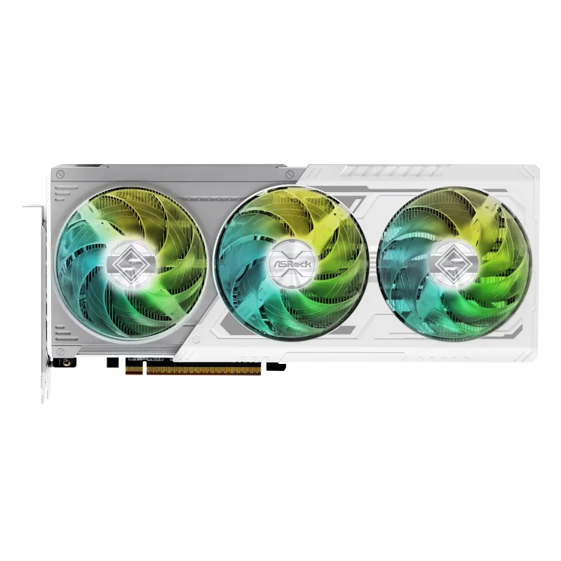 Hình ảnh tổng thể card đồ họa ASRock Radeon RX 9070 Steel Legend, nổi bật các cổng kết nối và hệ thống làm mát