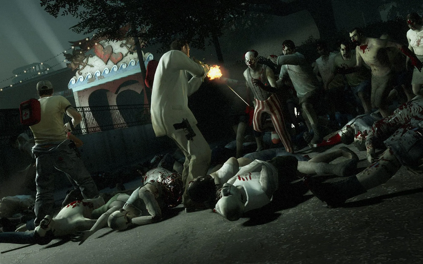 Hình ảnh từ Left 4 Dead 2 với bốn nhân vật chính chiến đấu chống lại đàn zombie trong một khu vực đô thị hoang tàn