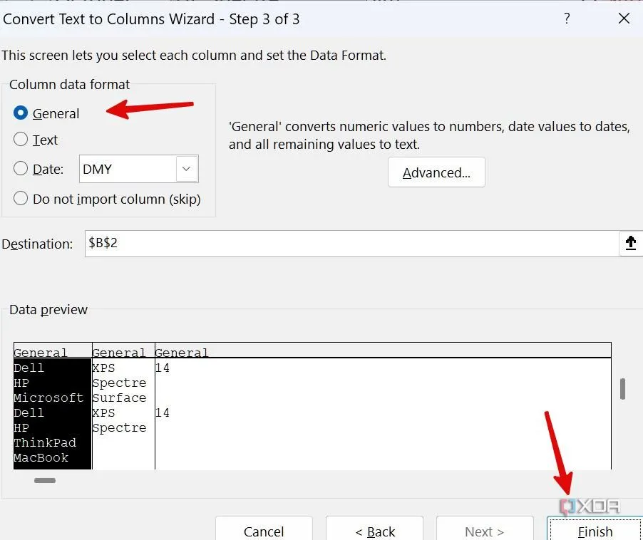 Hoàn tất định dạng cột dữ liệu sau khi sử dụng Text to Columns trong Excel.