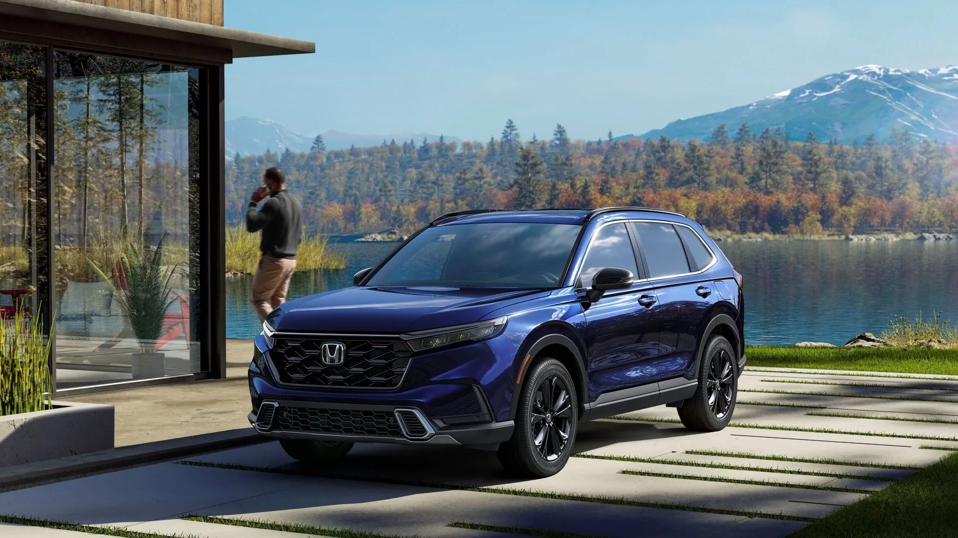Honda CR-V Hybrid 2025 Sport Touring đậu bên hồ, ngoại thất tinh tế