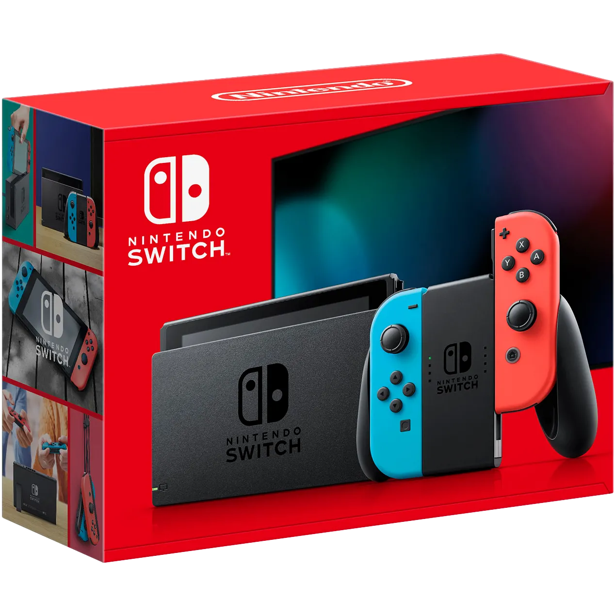 Hộp bán lẻ của máy chơi game Nintendo Switch với tay cầm Joy-Con màu đỏ và xanh
