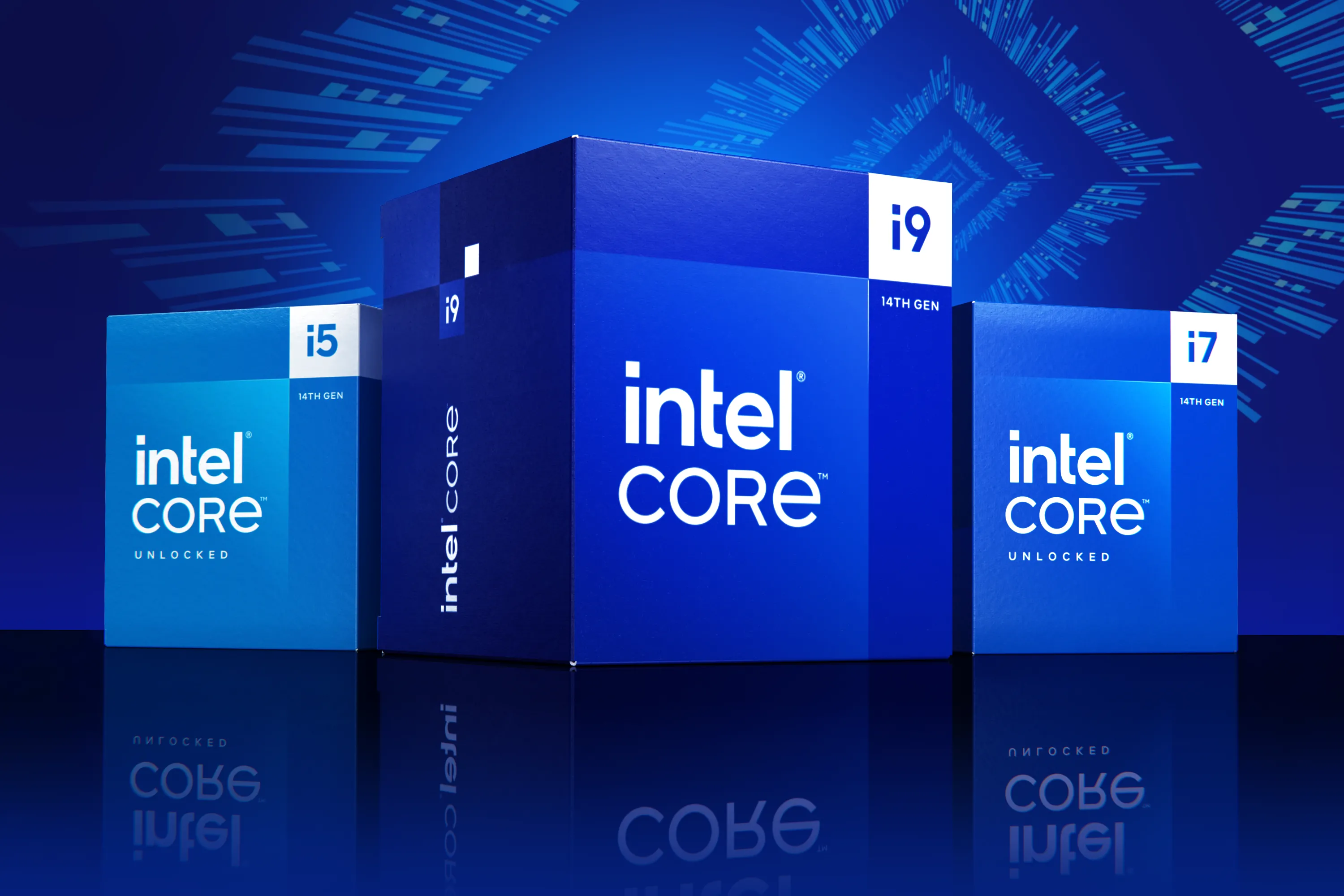 Hộp đựng các CPU Intel Core i9, i7, i5 thế hệ 14, tượng trưng cho các dòng chip xử lý mới.
