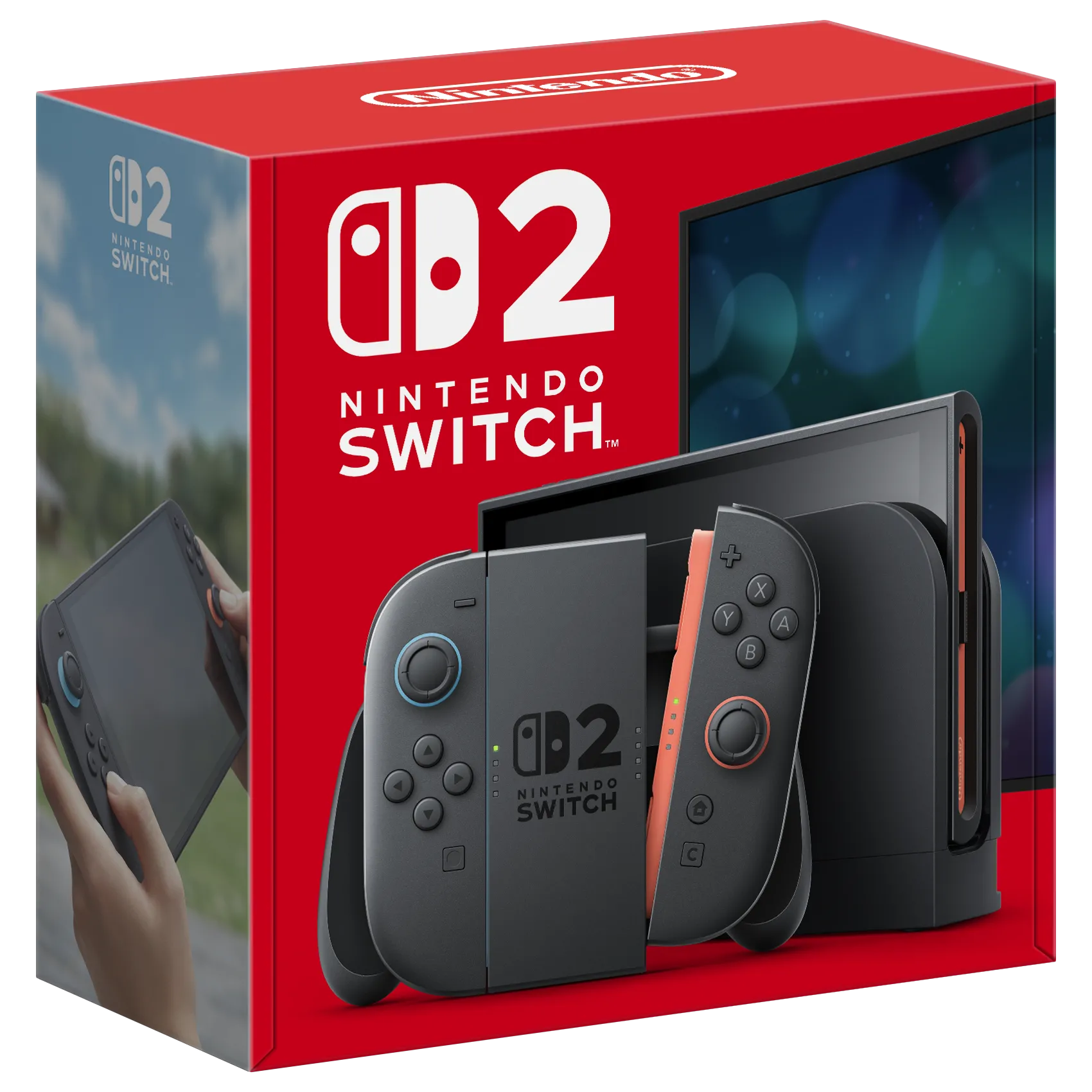 Hộp máy Nintendo Switch 2 với logo và hình ảnh thiết kế của console