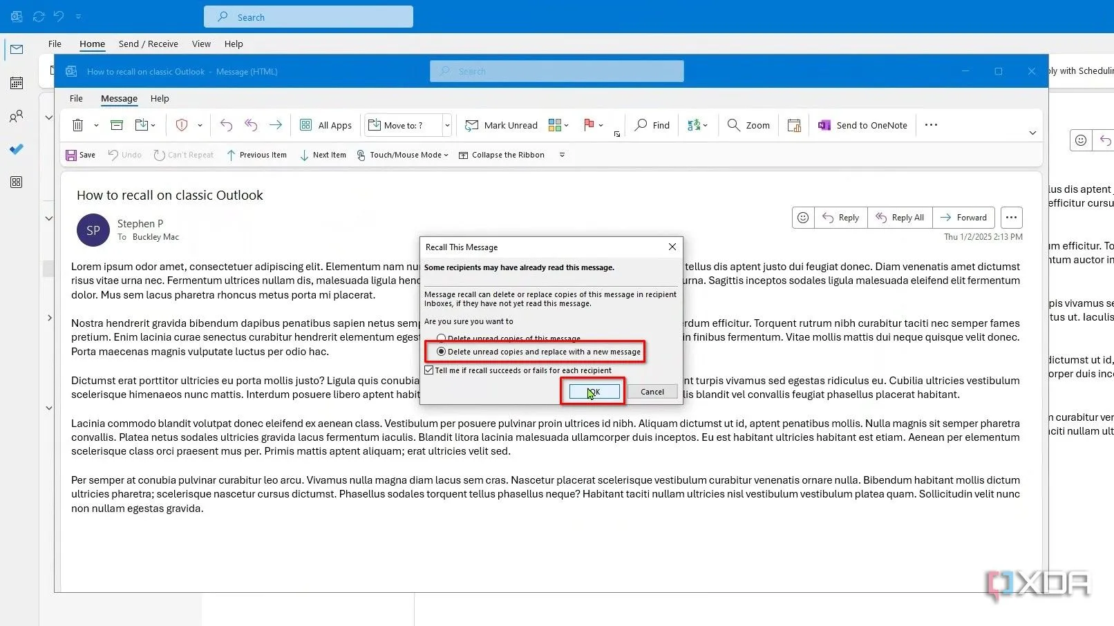 Hộp thoại &quot;Recall This Message&quot; trong Classic Outlook, cho phép người dùng chọn giữa xóa bản sao chưa đọc hoặc xóa và thay thế bằng một tin nhắn mới.