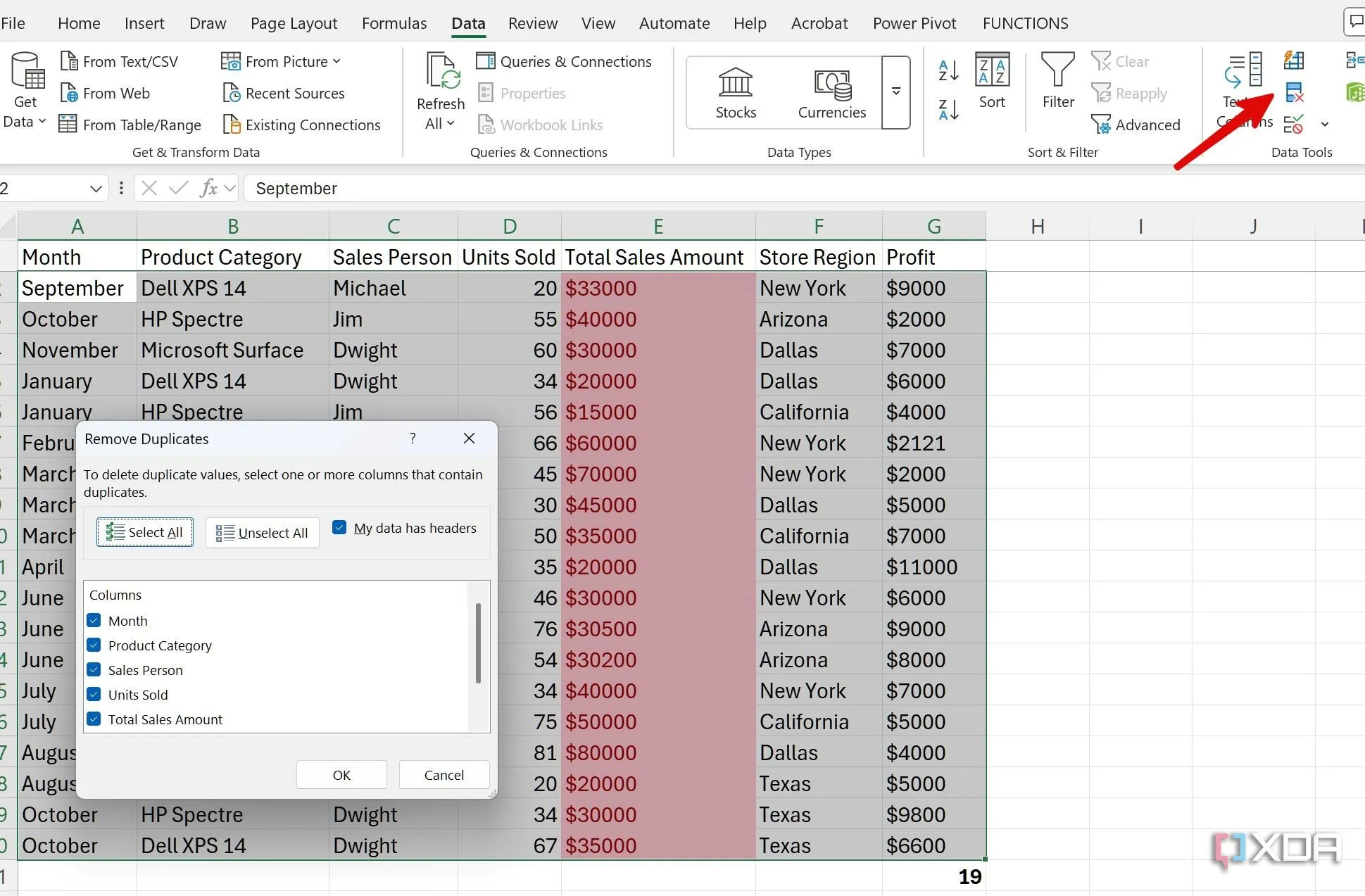Hộp thoại Remove Duplicates trong Excel giúp loại bỏ các dòng dữ liệu trùng lặp.