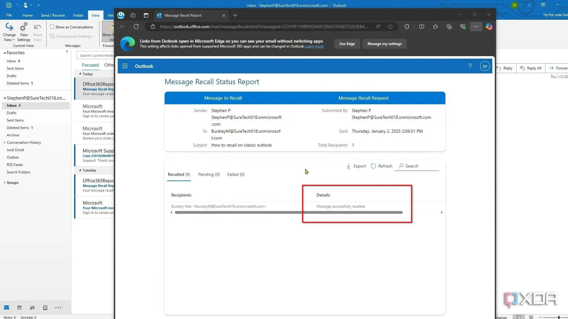 Hộp thư đến của Outlook hiển thị báo cáo trạng thái thành công của quá trình thu hồi email, cung cấp thông tin chi tiết về từng người nhận.