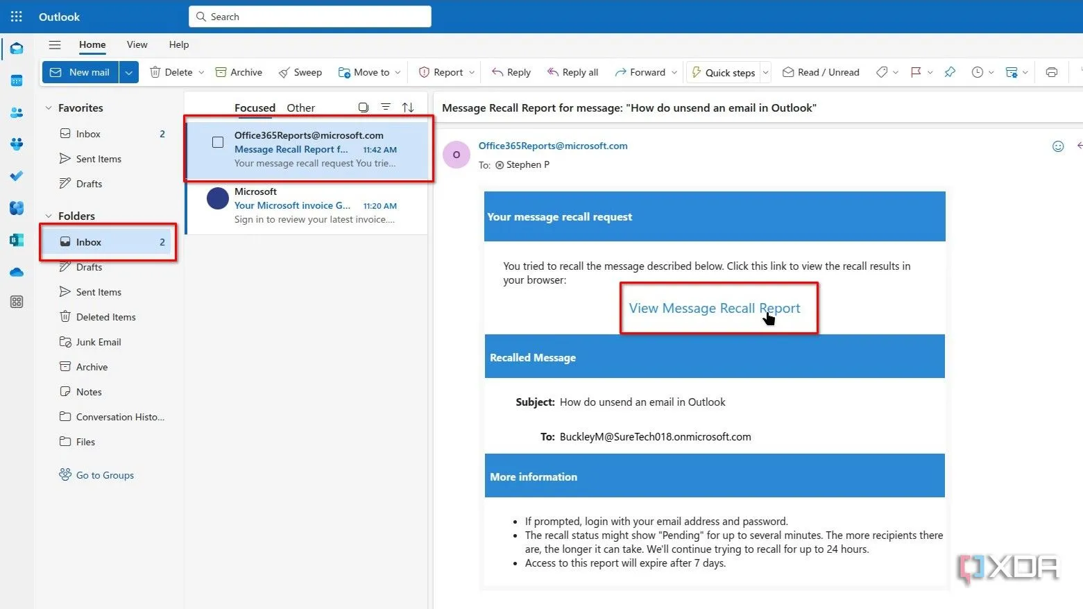 Hộp thư đến (Inbox) của Outlook hiển thị thông báo trạng thái về yêu cầu thu hồi email, cho biết quá trình đang diễn ra.