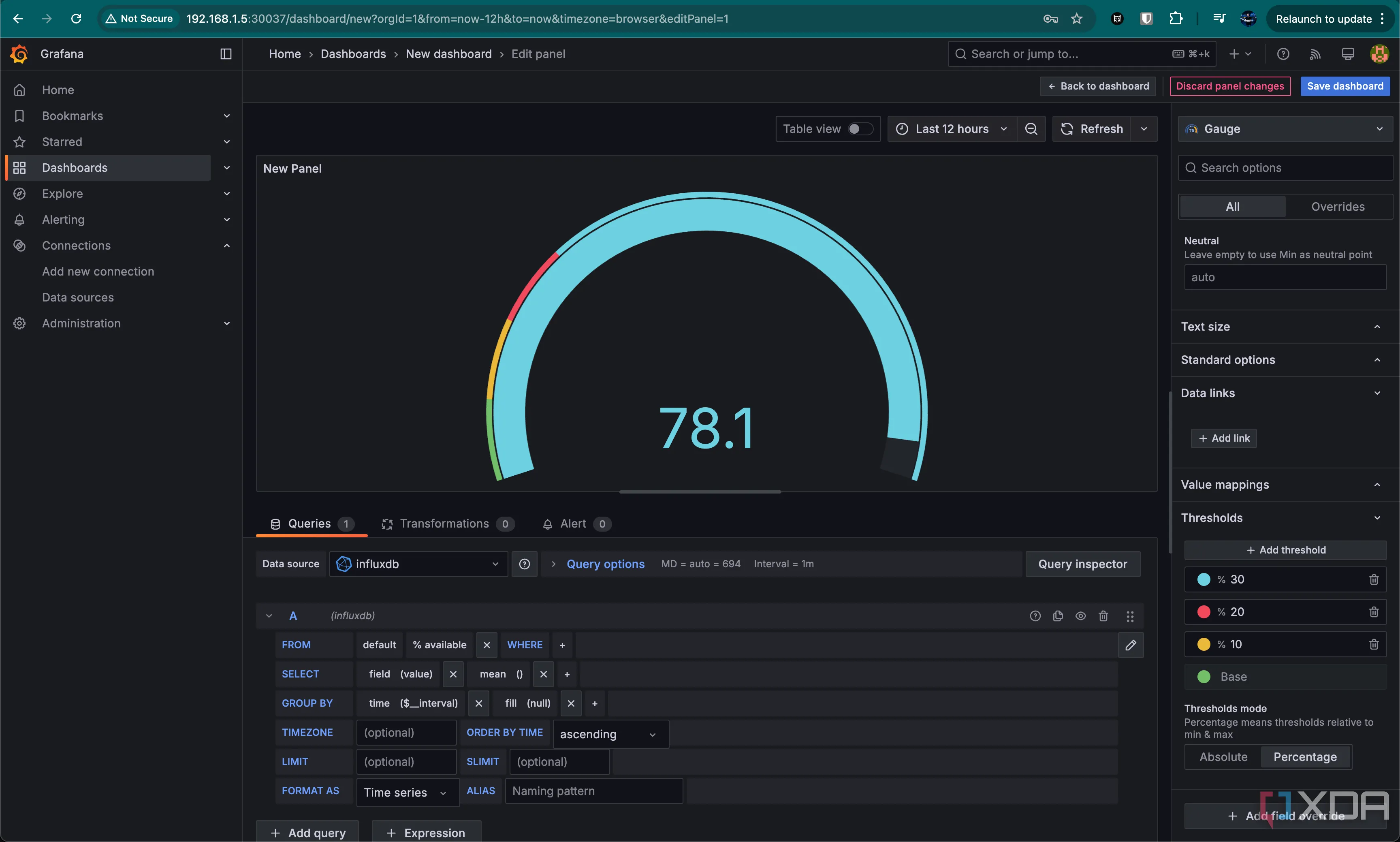 Hướng dẫn tạo biểu đồ Gauge trong Grafana, minh họa cách thiết lập ngưỡng và màu sắc để giám sát các chỉ số quan trọng trong nhà thông minh.
